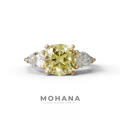 3 Ct Yellow Cushion Cut Lab Diamond In 3 Stones Claw Prongs Setting Ring - 10K Solid Gold / Rose Gold