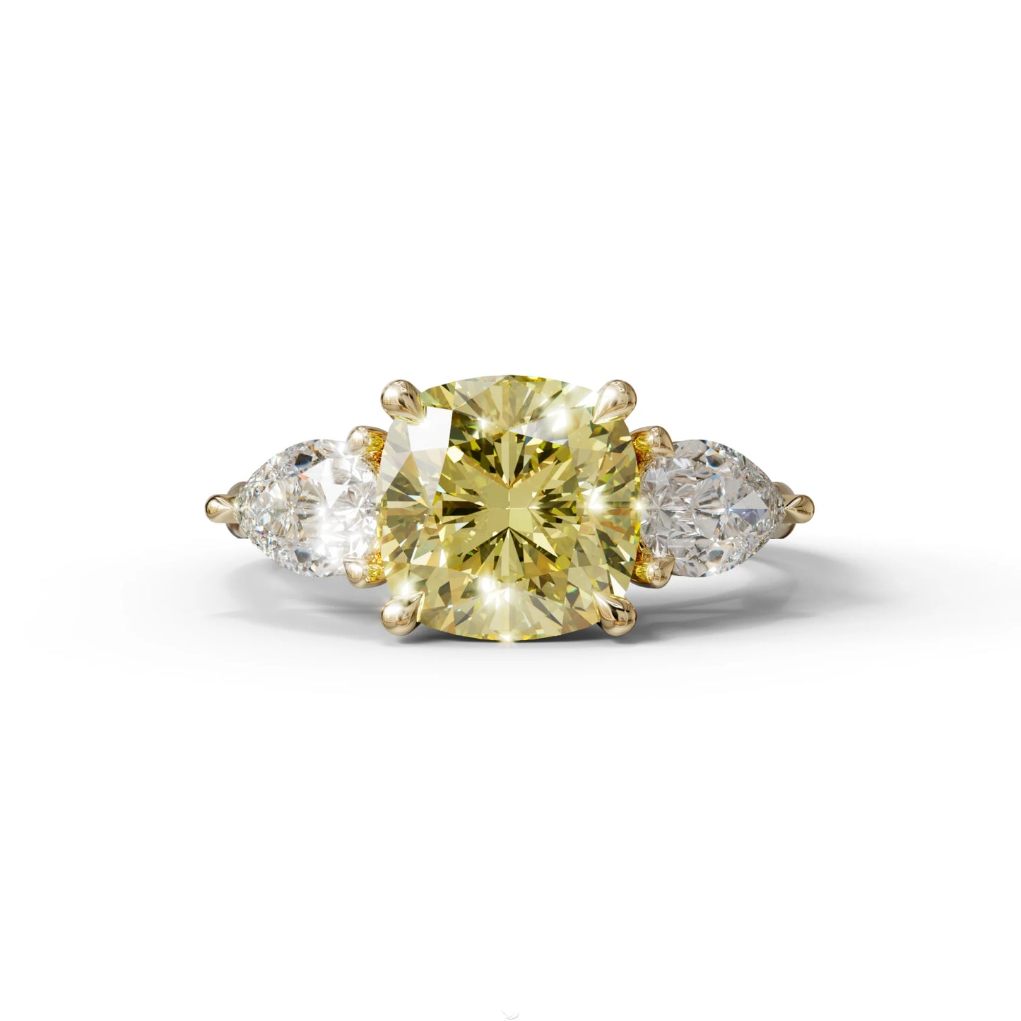 3 Ct Yellow Cushion Cut Lab Diamond In 3 Stones Claw Prongs Setting Ring - 10K Solid Gold / Yellow Gold