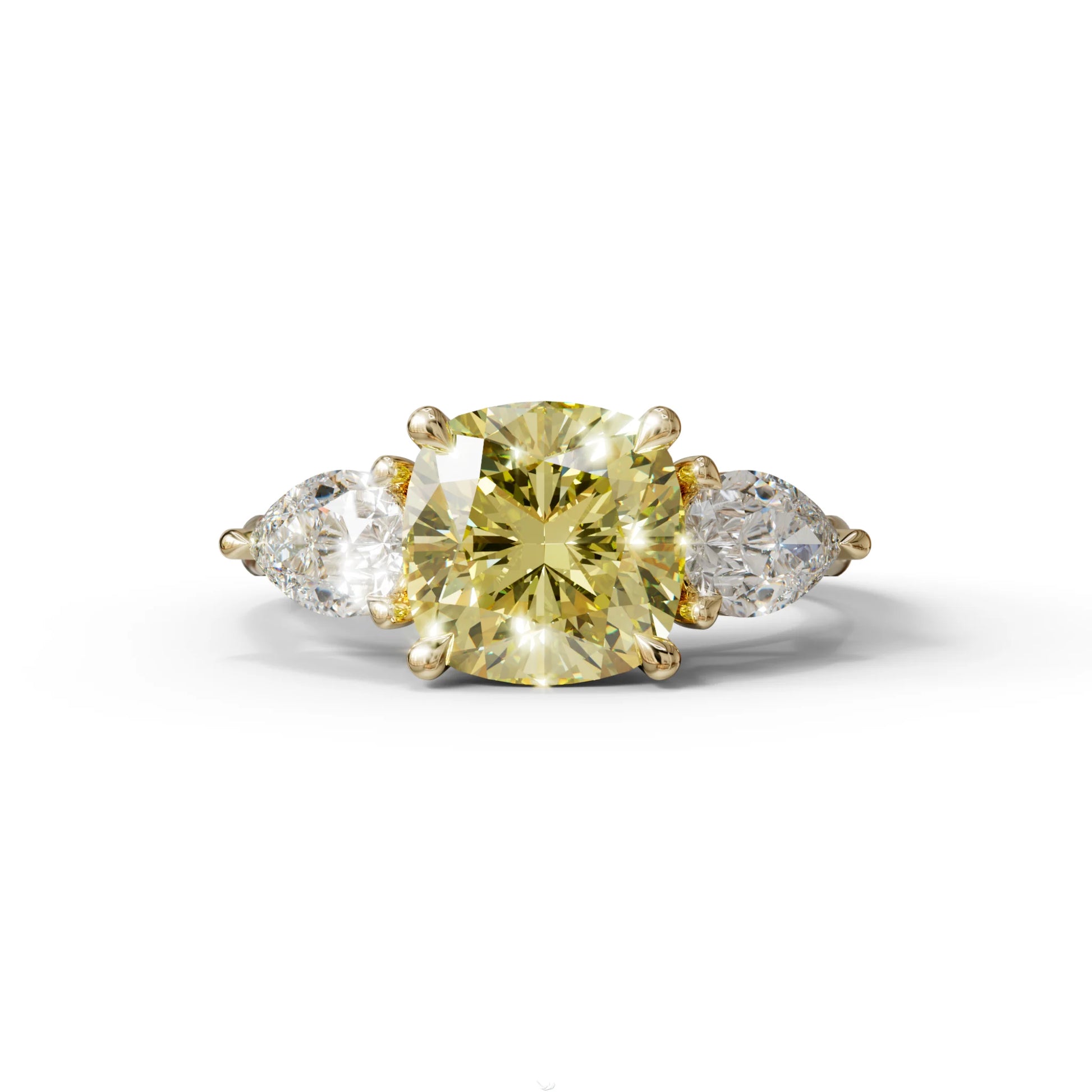 3 Ct Yellow Cushion Cut Lab Diamond In 3 Stones Claw Prongs Setting Ring - 10K Solid Gold / Yellow Gold