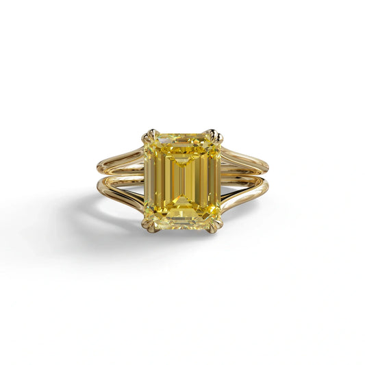 4 Carat Fancy Yellow Emerald Cut Lab Grown Diamond Engagement Ring - Tesira - 10K Solid Gold / Yellow Gold