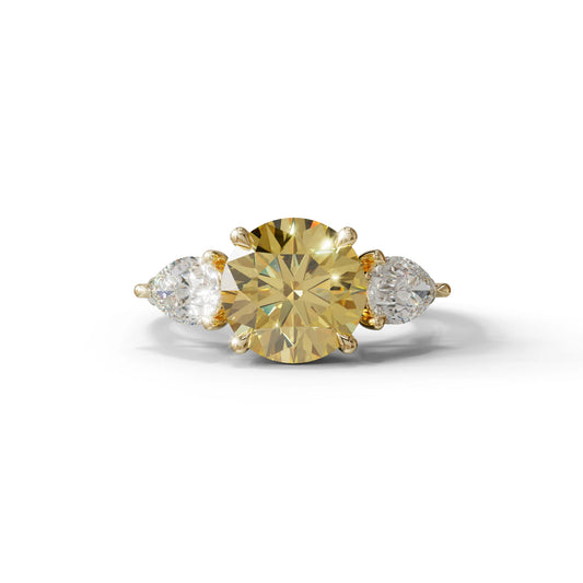 4 Carat Yellow Round & Pear Cut Three Stone Lab Diamond Ring - Luminous - 10K Solid Gold / Yellow Gold
