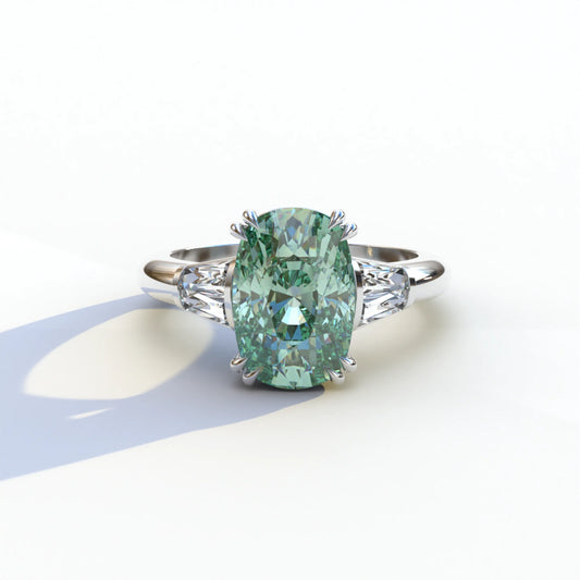4 Carat Green Elongated Cushion Cut Lab Diamond Engagement Ring - Sagittarius - 10K Solid Gold / White Gold