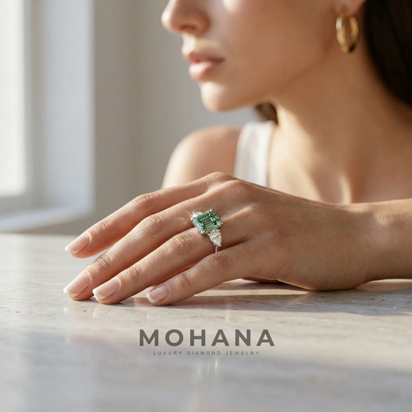 4 Carat Green Lab Grown Diamond Engagement Ring – Asscher Cut Three Stone alternate view