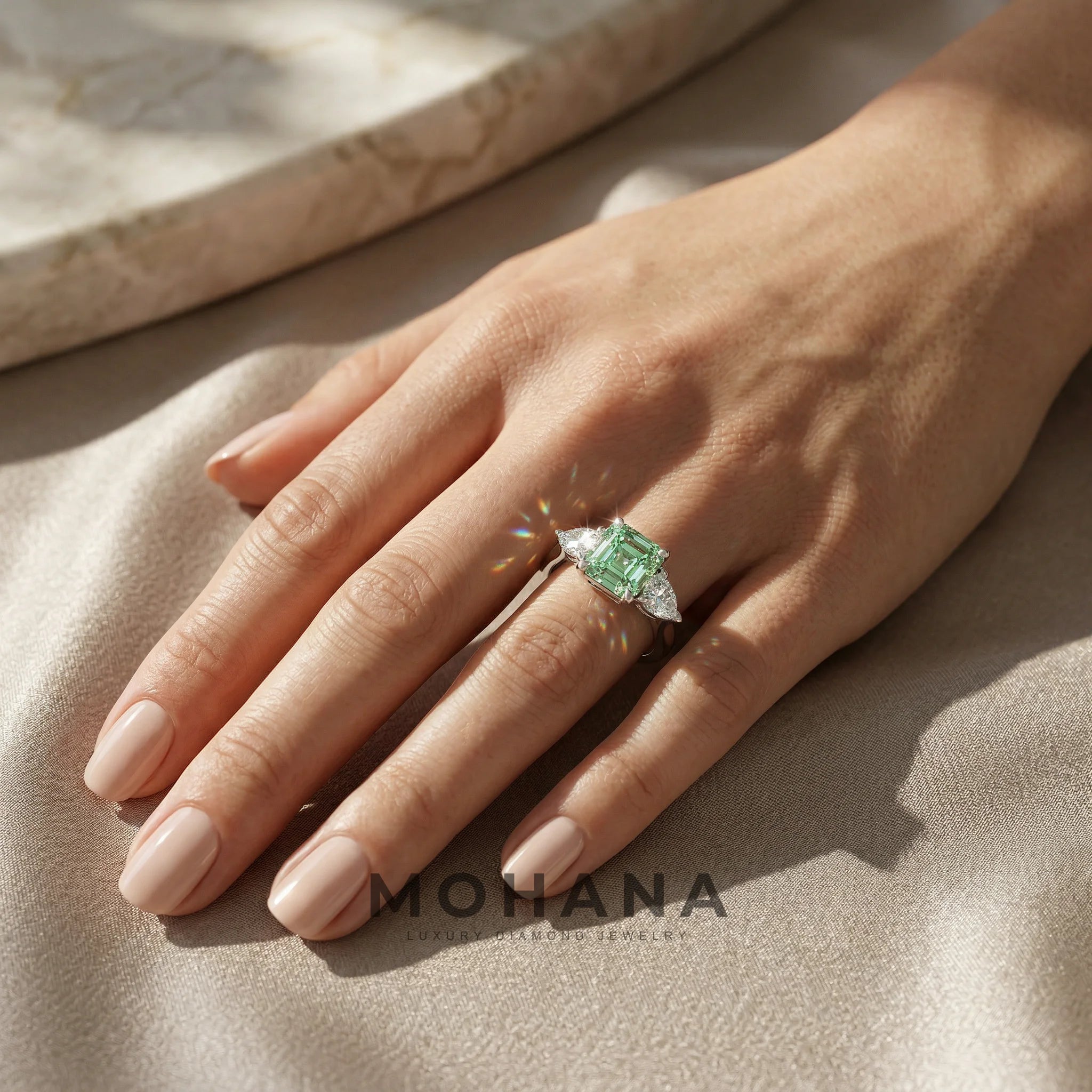 4 Carat Fancy Green Asscher Cut Three Stone Lab Grown Diamond Engagement Ring