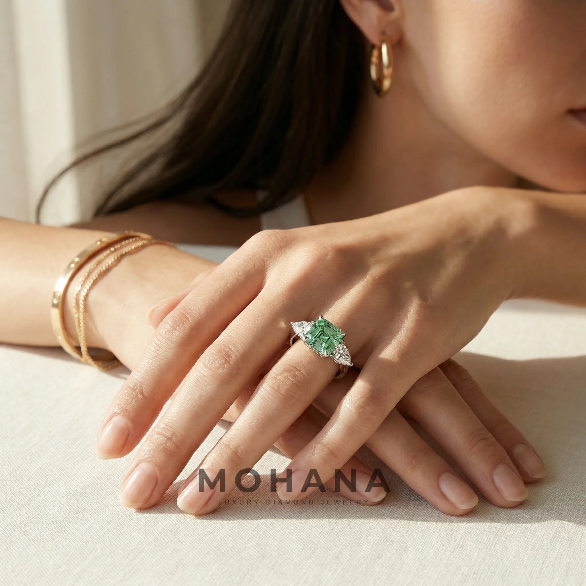 4 Carat Fancy Green Asscher Cut Three Stone Lab Grown Diamond Engagement Ring