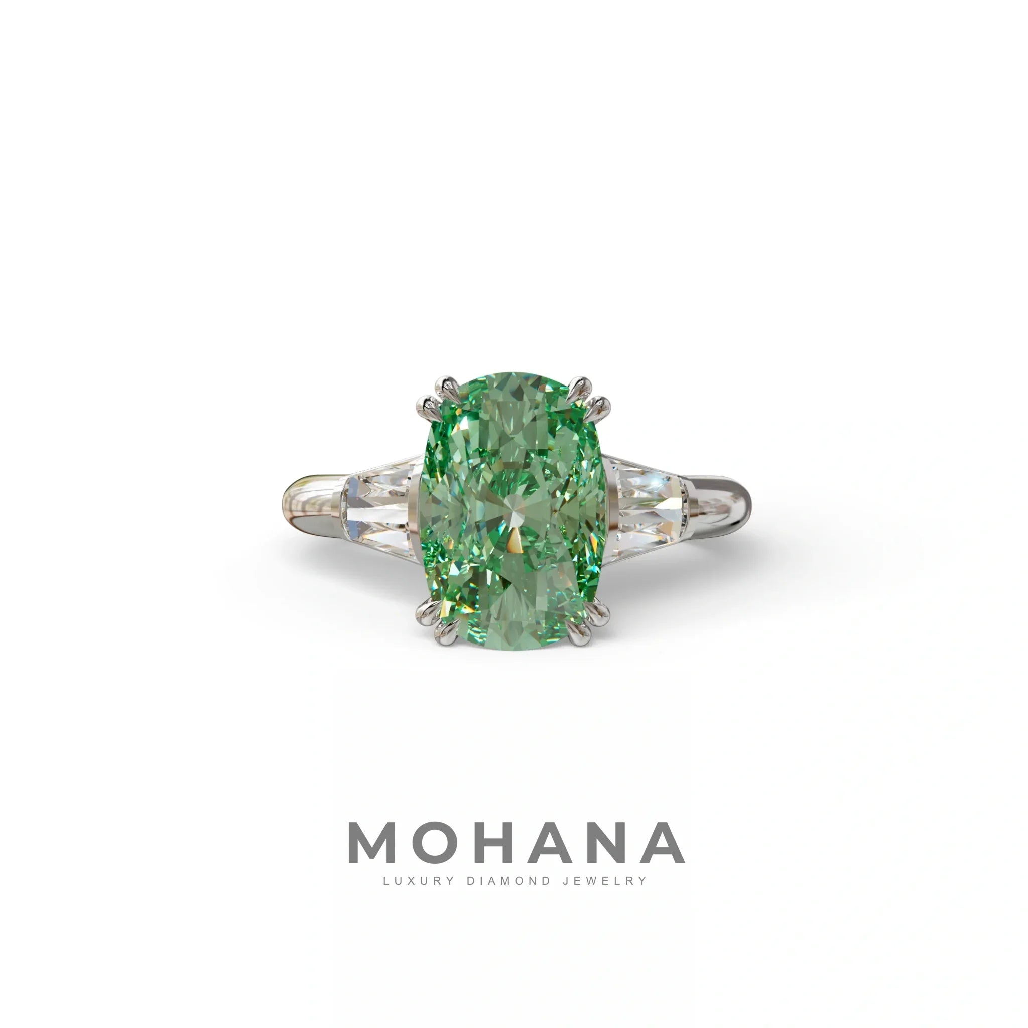 4 Carat Green Elongated Cushion Cut Lab Diamond Engagement Ring - Sagittarius - 10K Solid Gold / White Gold