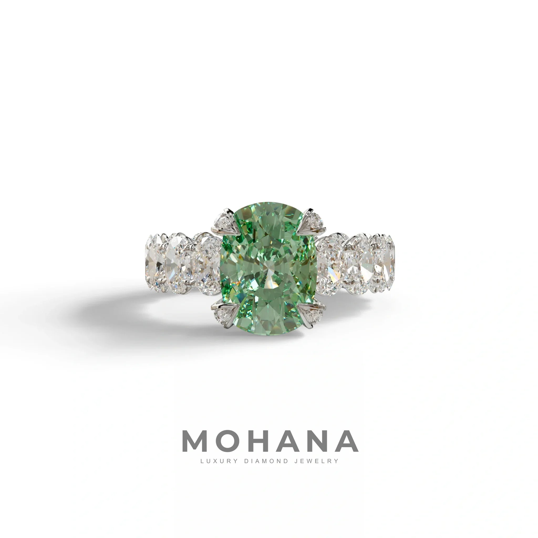4 Carat Green Cushion Cut Full Eternity Lab Grown Diamond Ring - Enigma - 10K Solid Gold / White Gold