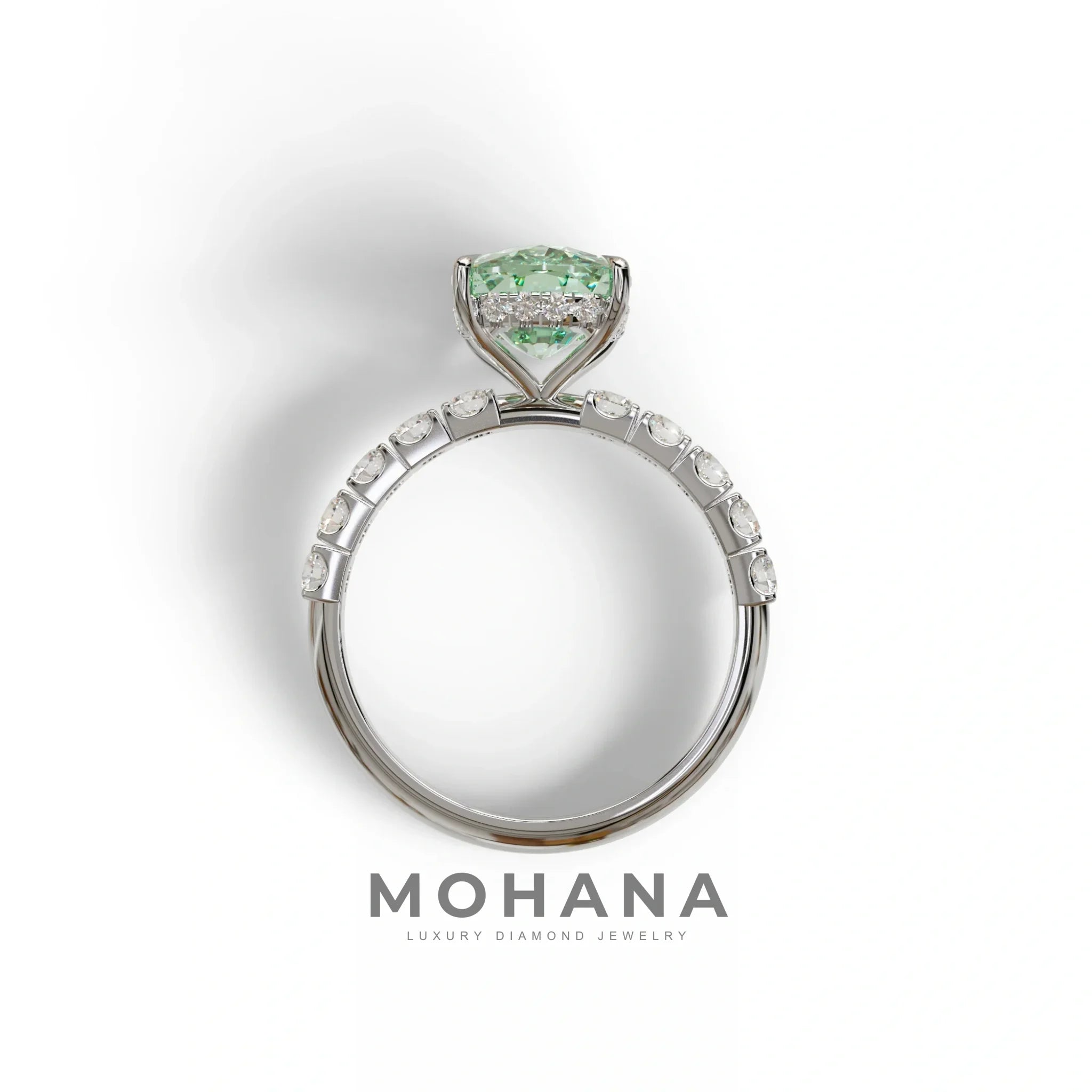 4 Carat Green Cushion Cut Hidden Halo Eternity Lab Diamond Engagement Ring - Sandrine
