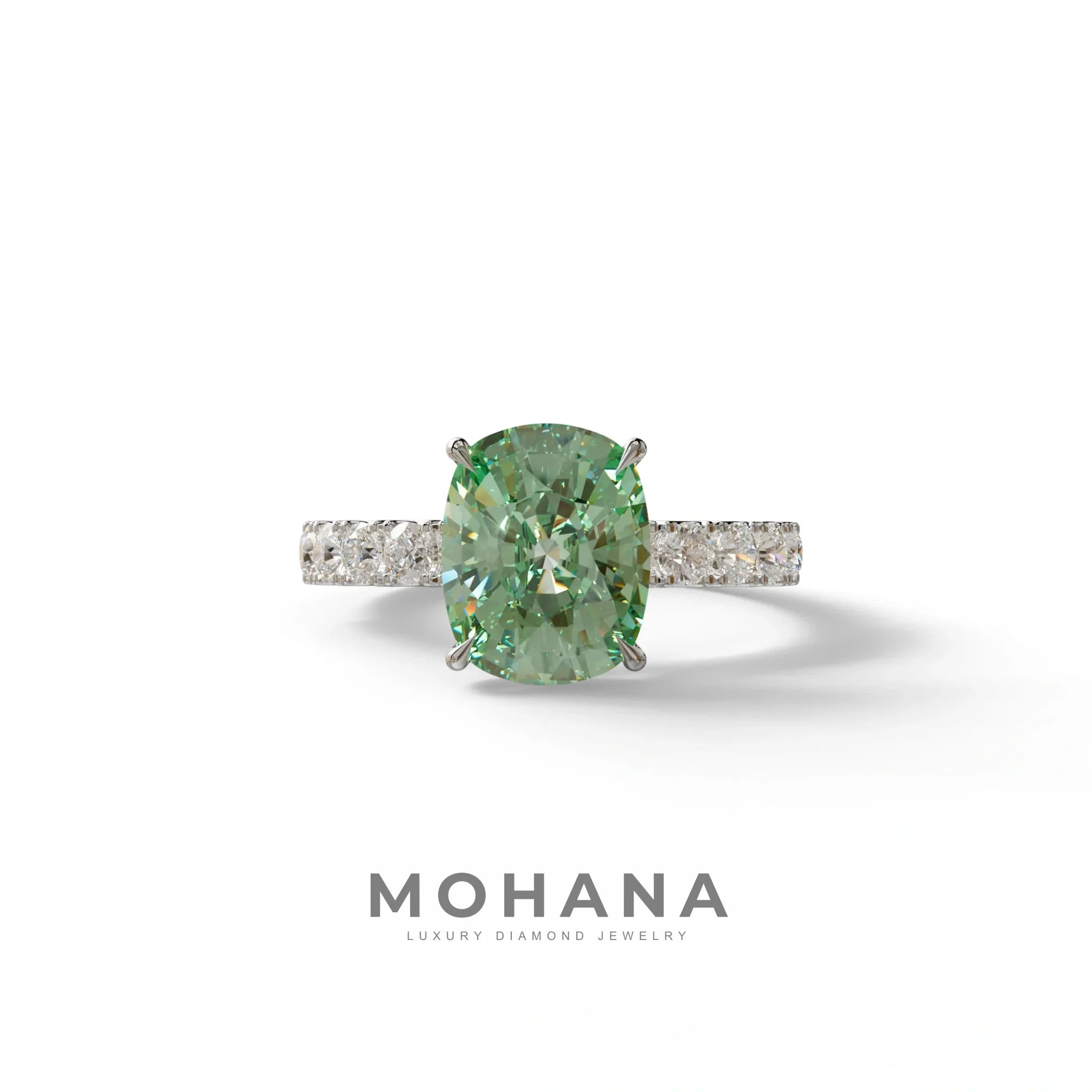 4 Carat Green Cushion Cut Hidden Halo Eternity Lab Diamond Engagement Ring - Sandrine - 10K Solid Gold / White Gold