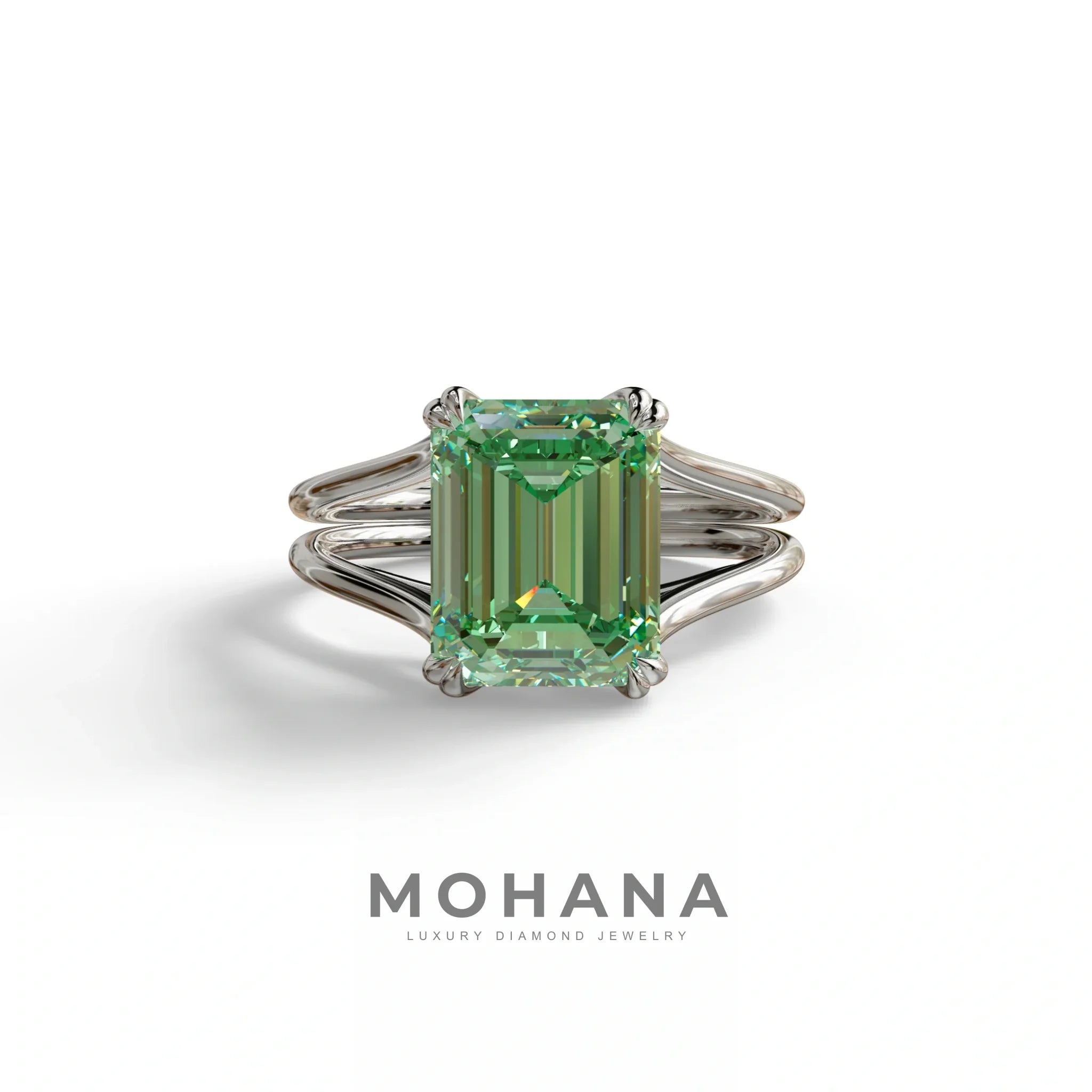 4 Carat Fancy Green Emerald Cut Lab Grown Diamond Engagement Ring - Tesira - 10K Solid Gold / White Gold