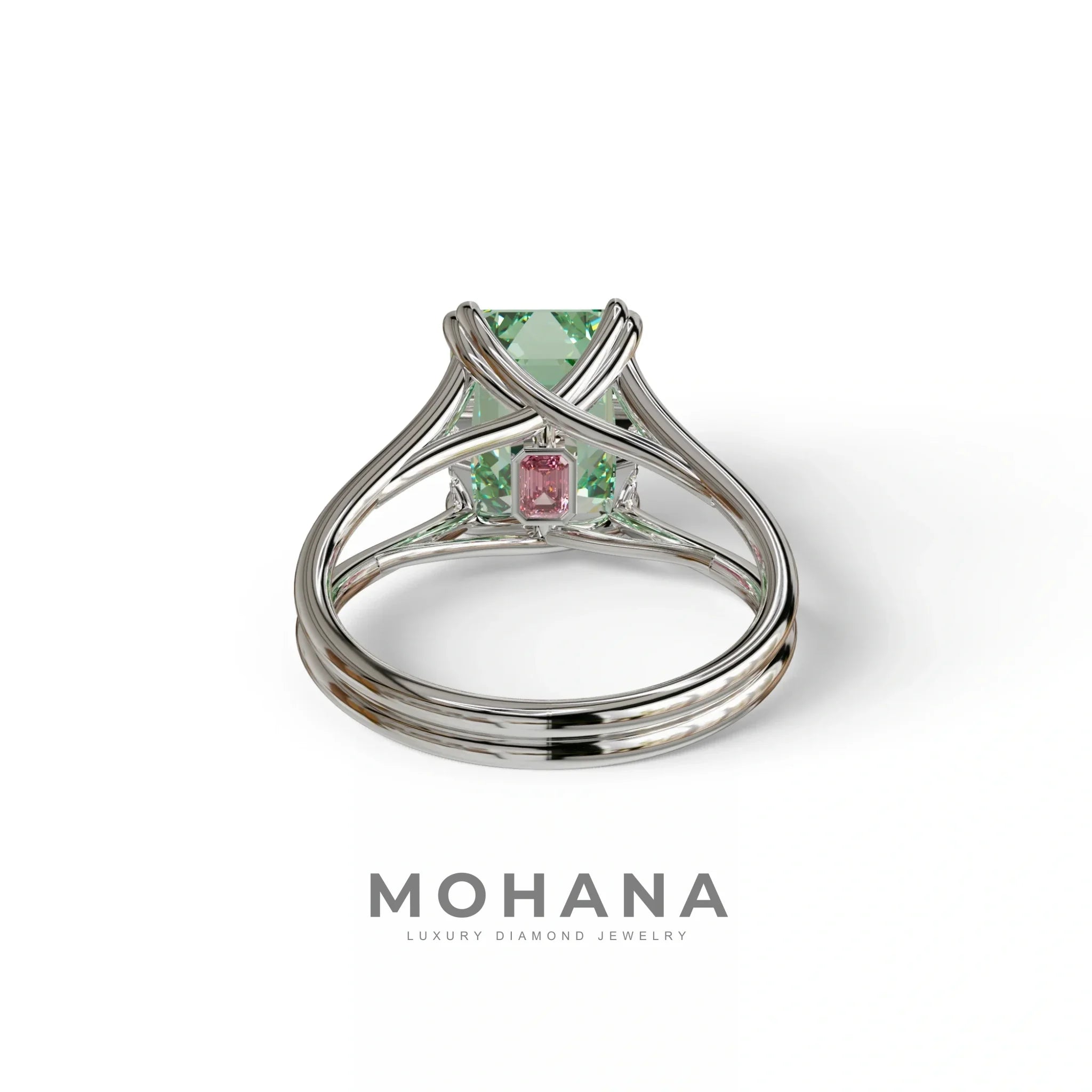 4 Carat Fancy Green Emerald Cut Lab Grown Diamond Engagement Ring - Tesira