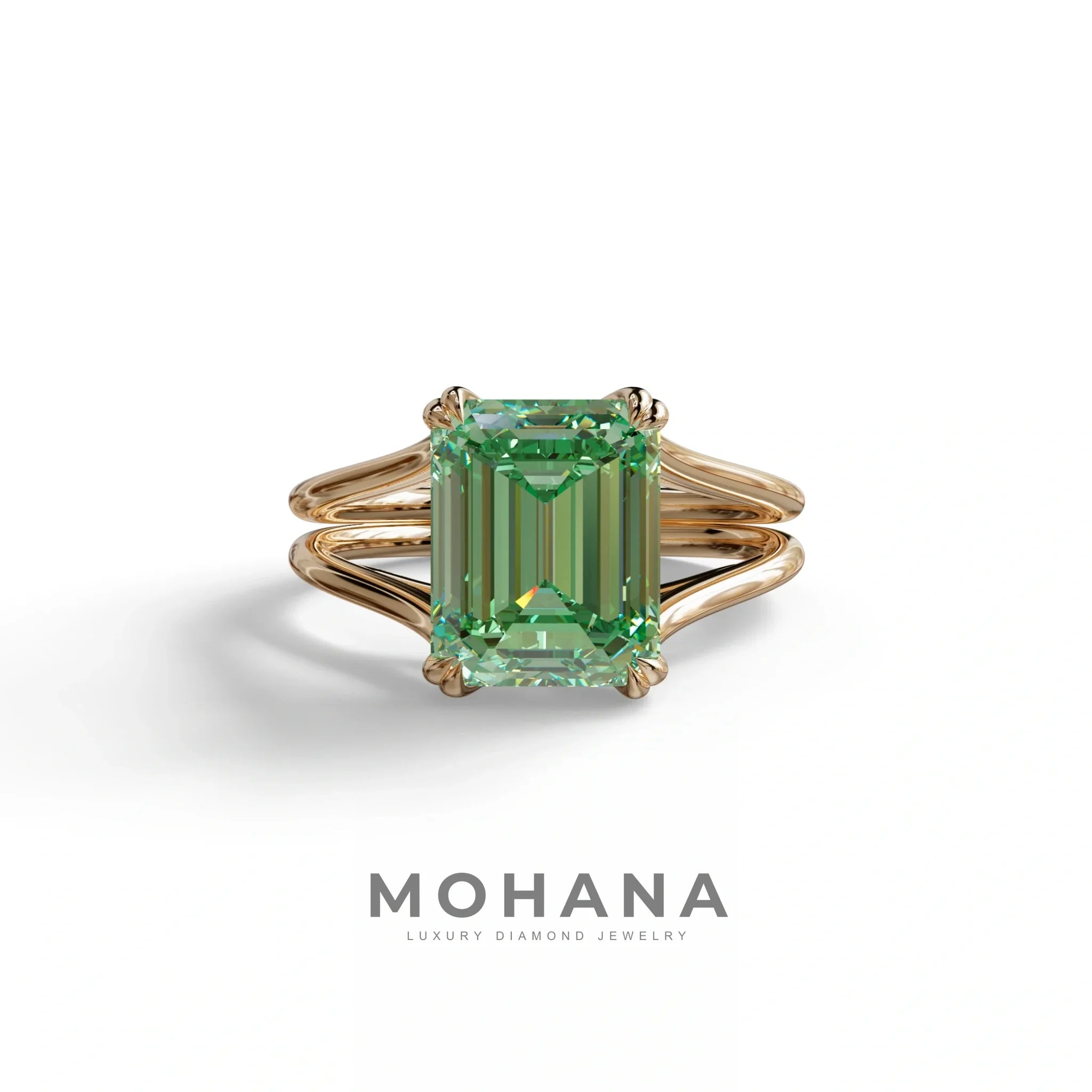 4 Carat Fancy Green Emerald Cut Lab Grown Diamond Engagement Ring - Tesira - 10K Solid Gold / Rose Gold