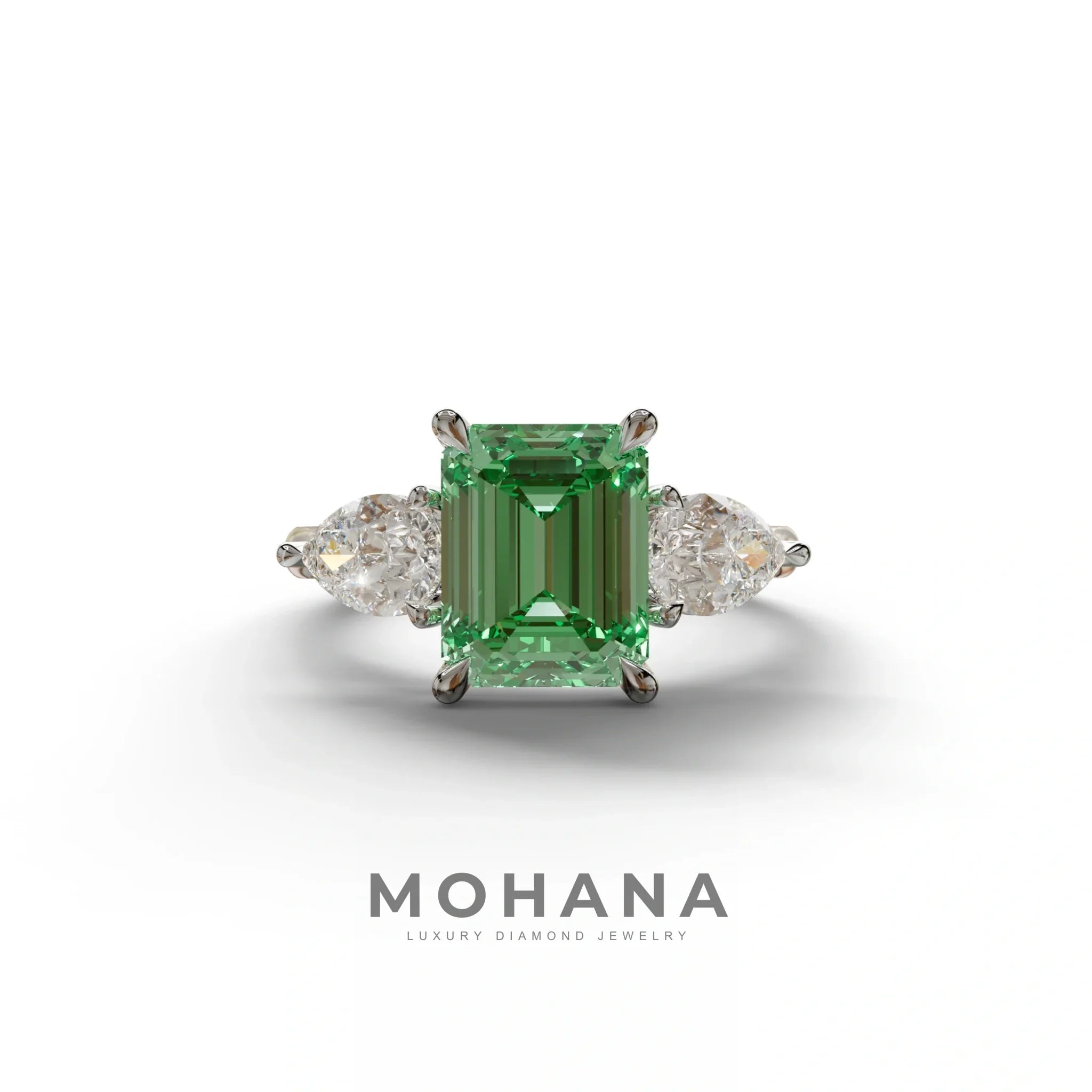 3 Carat Green Emerald Cut Lab Diamond In 3 Stones Claw Prongs Setting Ring - 10K Solid Gold / White Gold