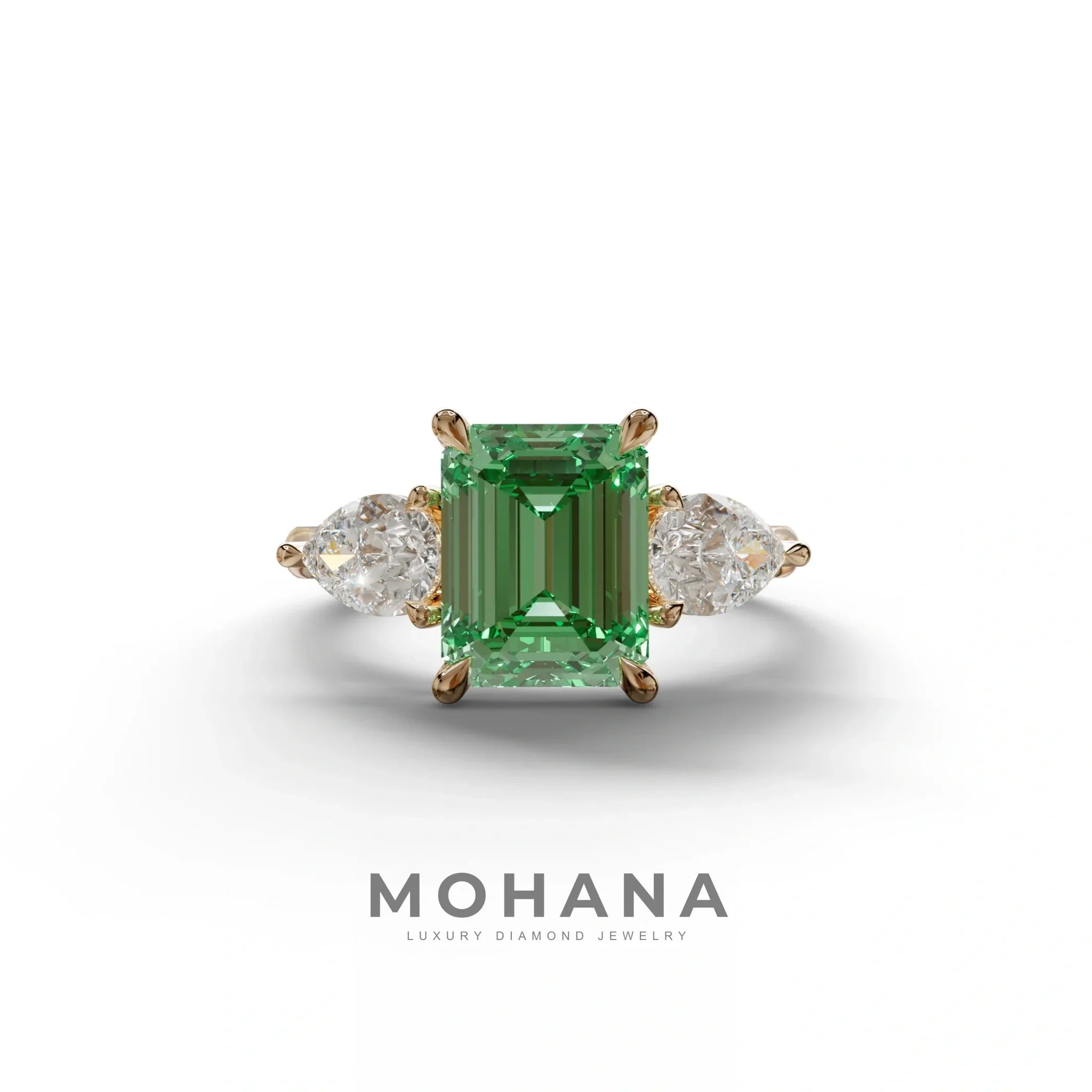 3 Carat Green Emerald Cut Lab Diamond In 3 Stones Claw Prongs Setting Ring - 10K Solid Gold / Rose Gold