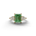 3 Carat Green Emerald Cut Lab Diamond In 3 Stones Claw Prongs Setting Ring - 10K Solid Gold / Yellow Gold