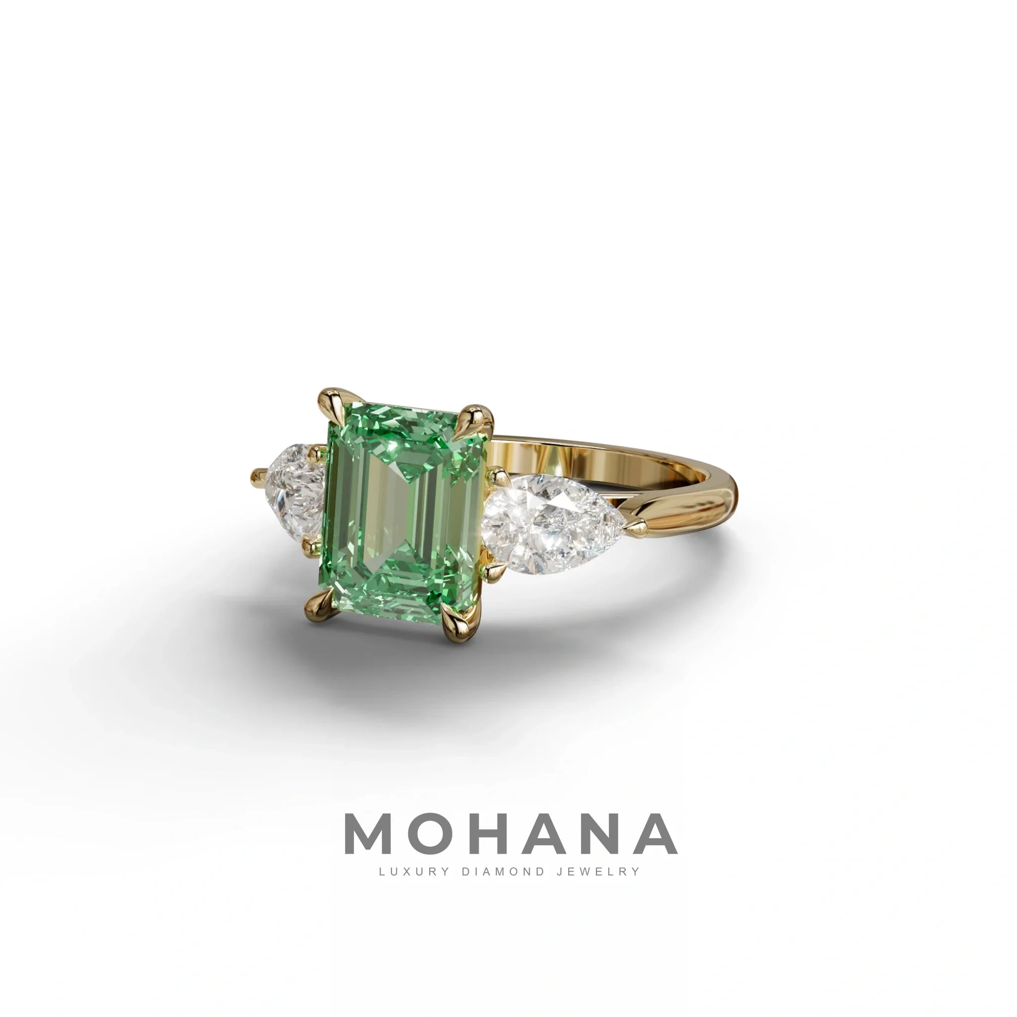3 Carat Green Emerald Cut Lab Diamond In 3 Stones Claw Prongs Setting Ring