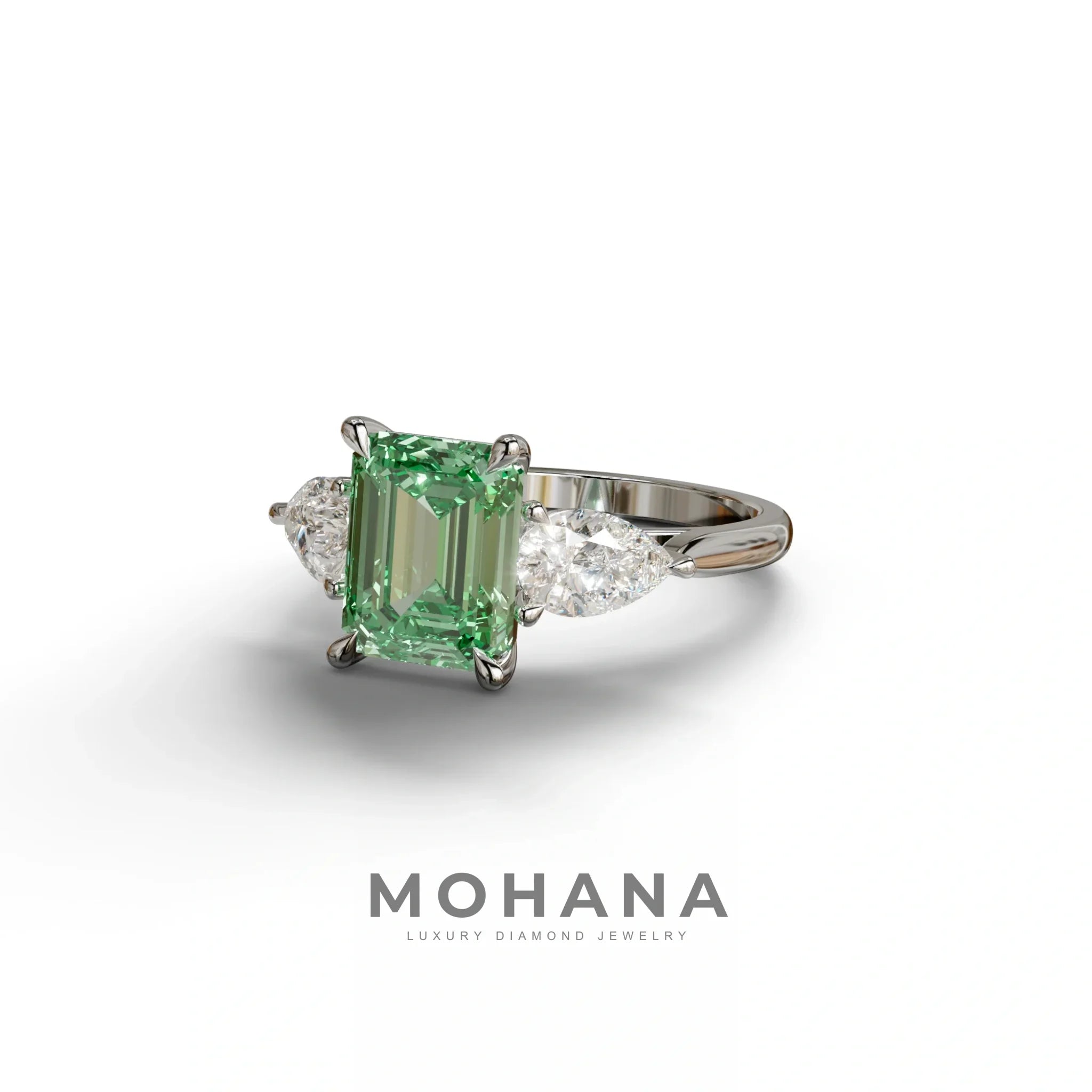 3 Carat Green Emerald Cut Lab Diamond In 3 Stones Claw Prongs Setting Ring