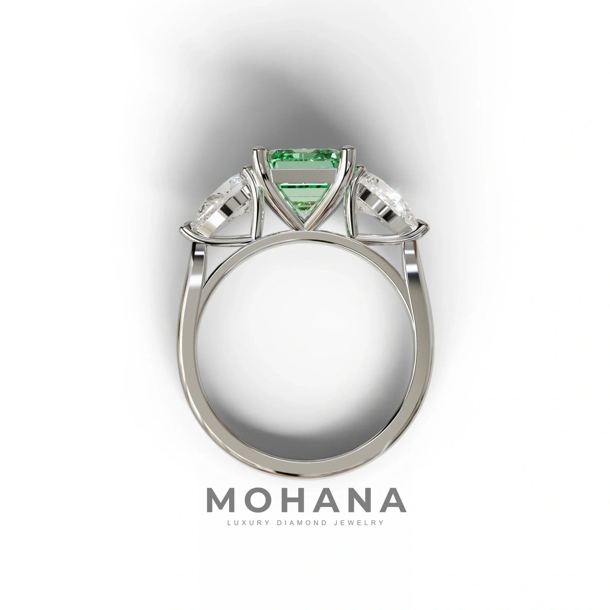 3 Carat Green Emerald Cut Lab Diamond In 3 Stones Claw Prongs Setting Ring