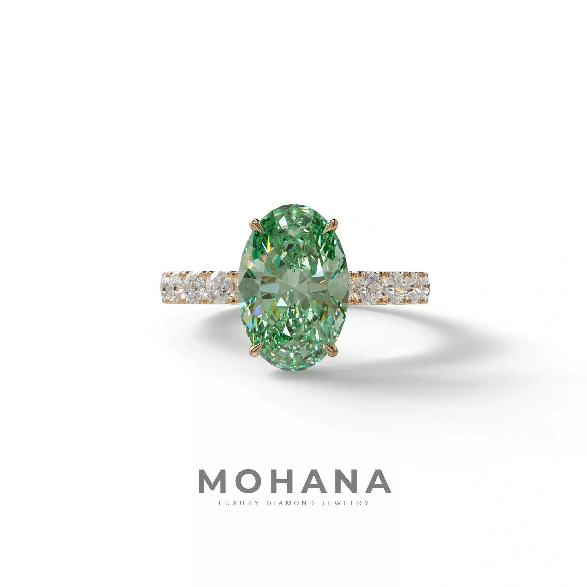4 Carat Green Oval Cut Lab Diamond Engagement Ring | Hidden Halo - Christie’s - 10K Solid Gold / Rose Gold