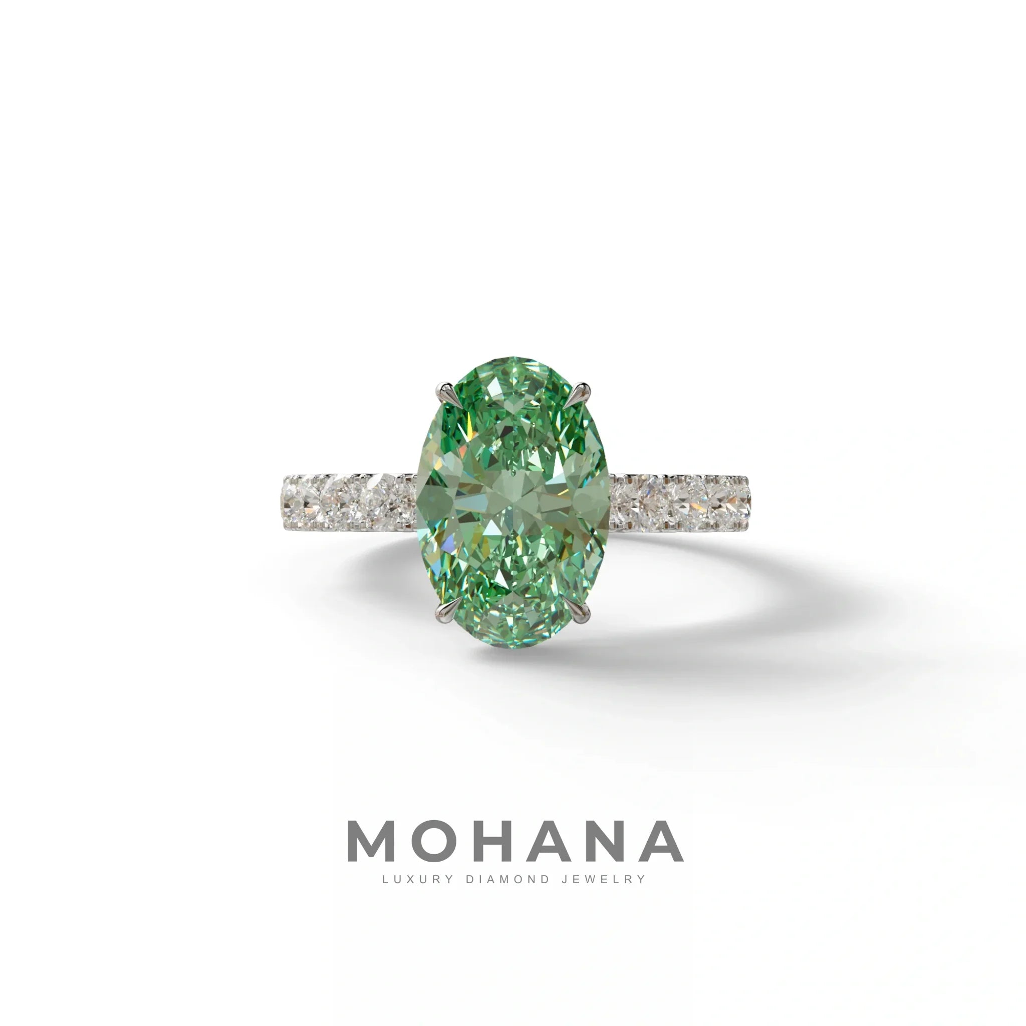 4 Carat Green Oval Cut Lab Diamond Engagement Ring | Hidden Halo - Christie’s - 10K Solid Gold / White Gold