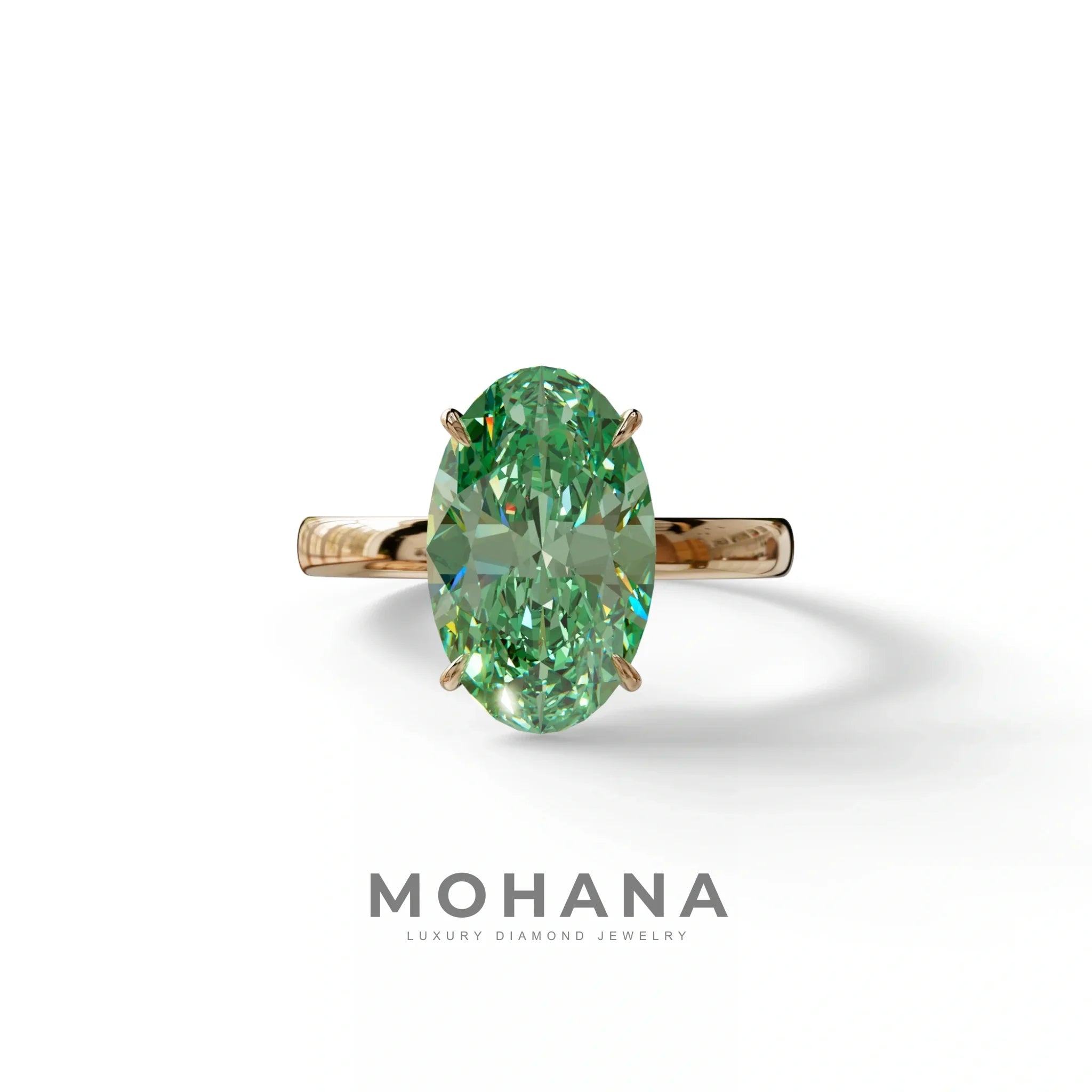4 Carat Oval Green Lab Grown Diamond Solitaire Engagement Ring - Cadris - 10K Solid Gold / Rose Gold