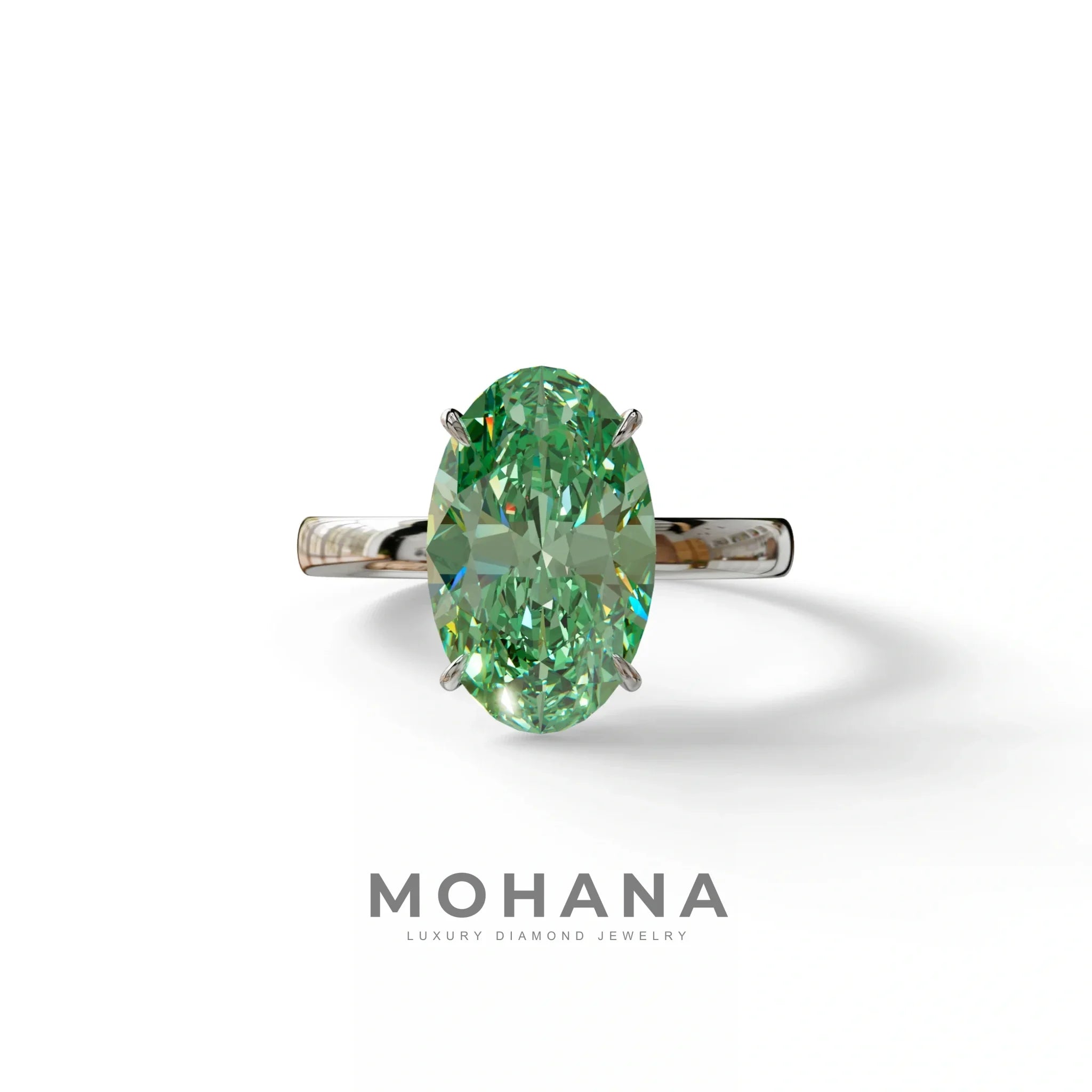 4 Carat Oval Green Lab Grown Diamond Solitaire Engagement Ring - Cadris - 10K Solid Gold / White Gold