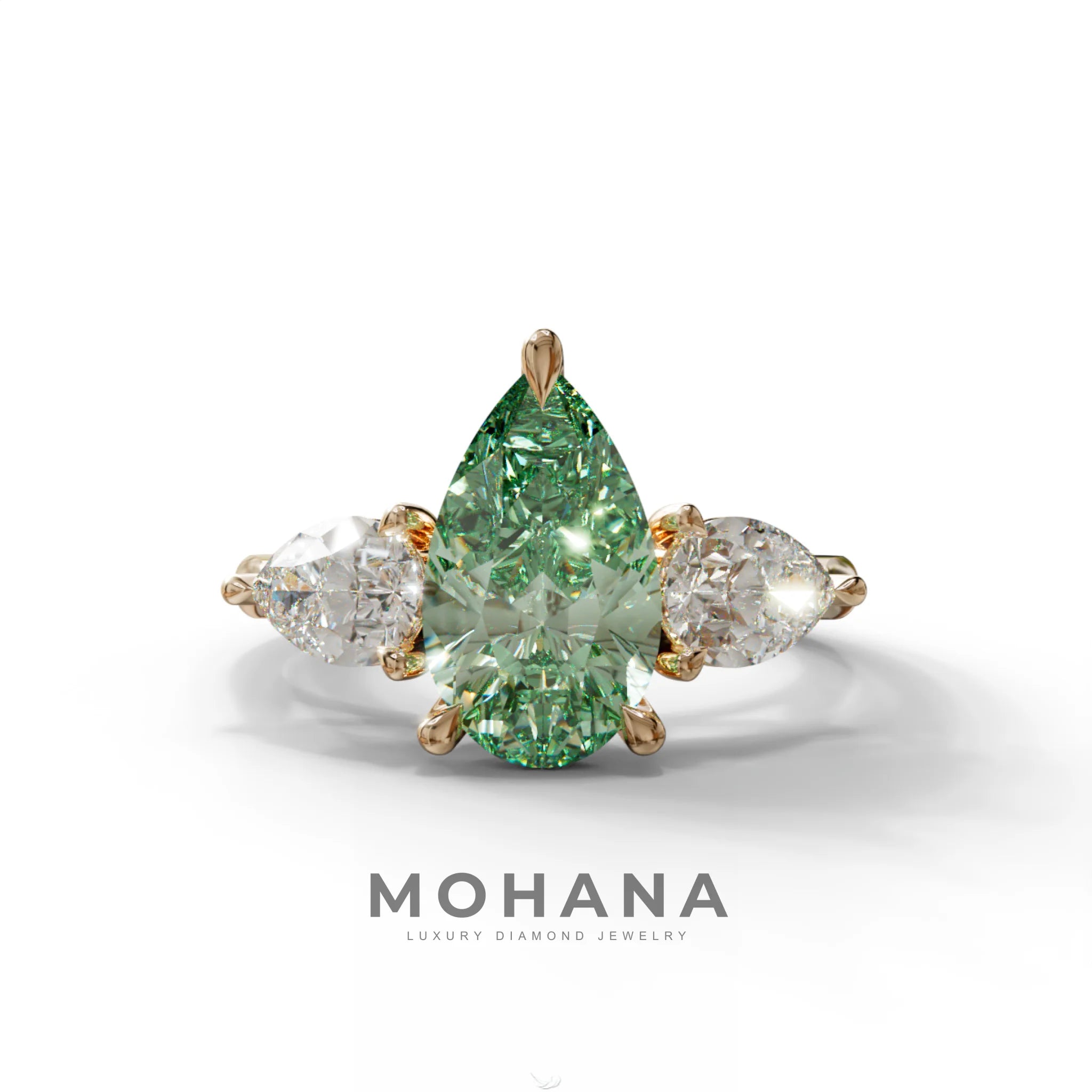4 Carat Fancy Green Pear Cut Three Stone Lab Grown Diamond Engagement Ring - 10K Solid Gold / Rose Gold