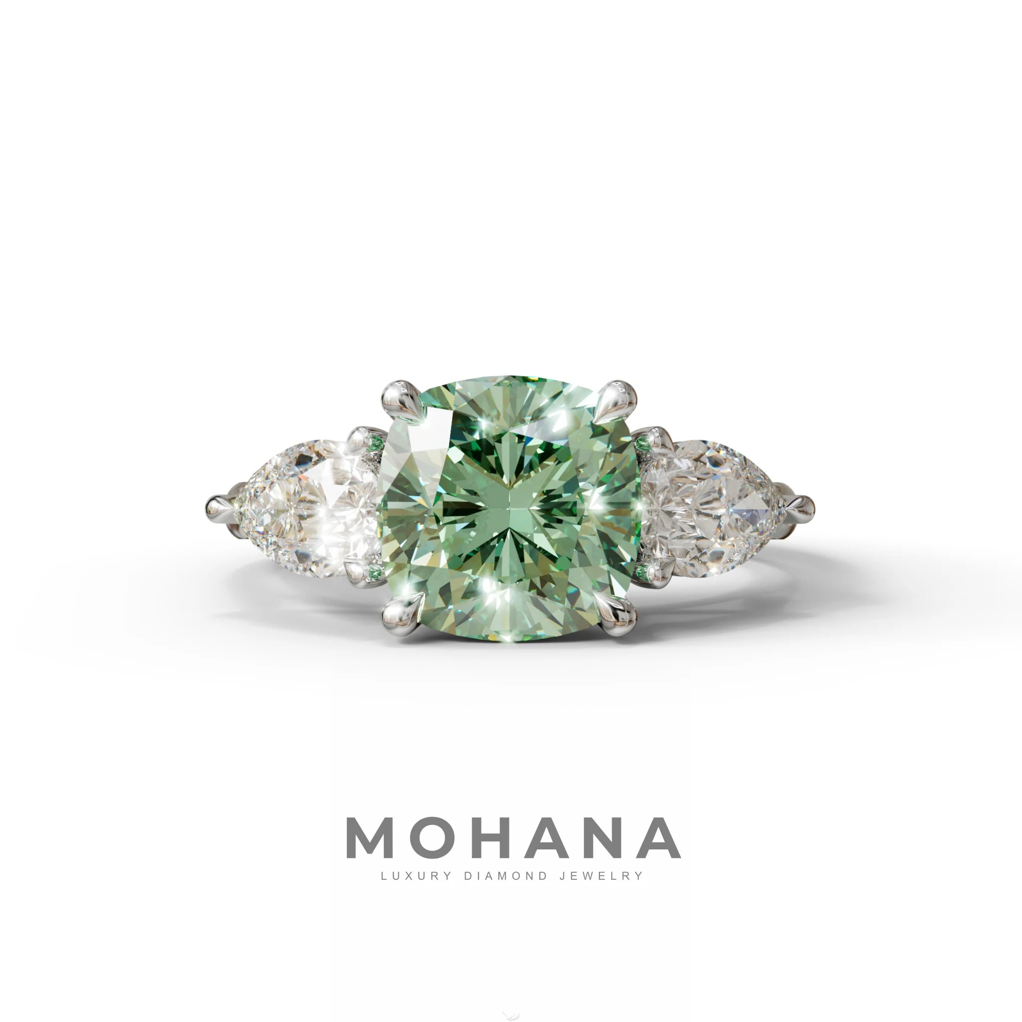 3 Ct Green Cushion Cut Lab Diamond In 3 Stones Claw Prongs Setting Ring - 10K Solid Gold / White Gold