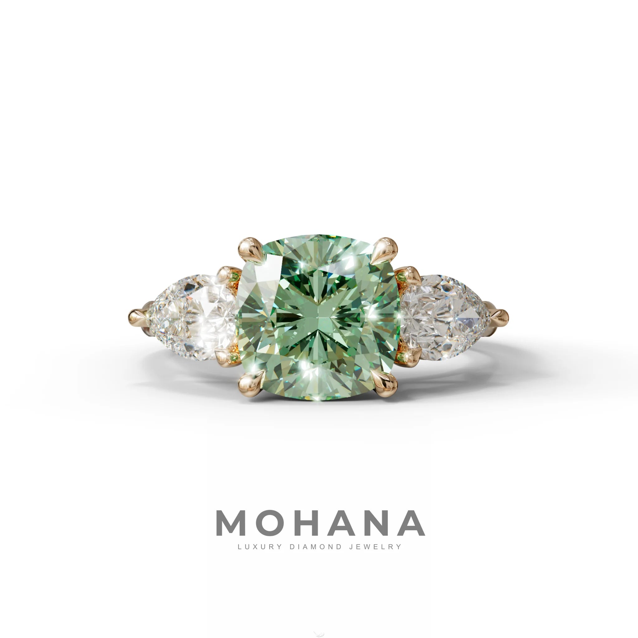 3 Ct Green Cushion Cut Lab Diamond In 3 Stones Claw Prongs Setting Ring - 10K Solid Gold / Rose Gold
