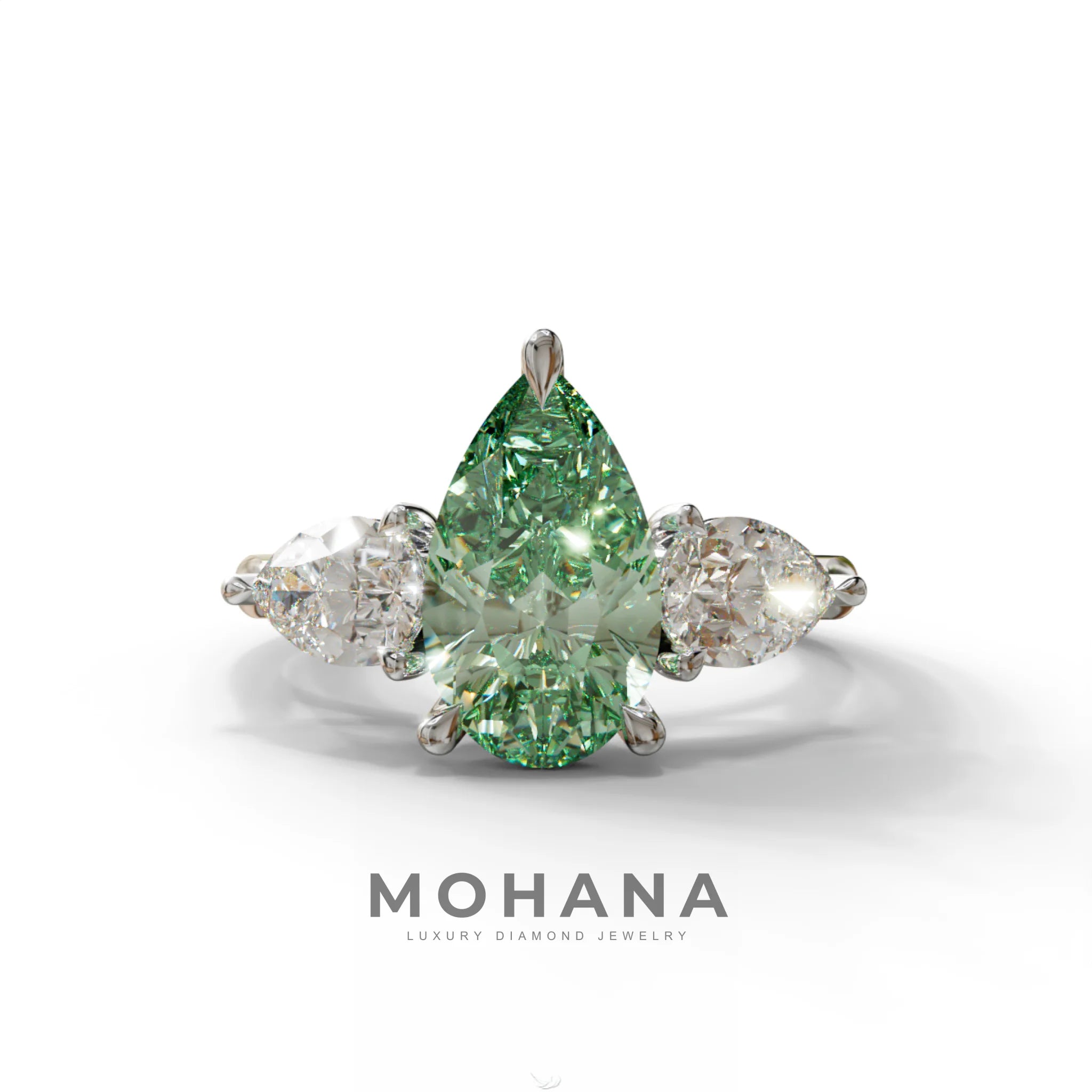 4 Carat Fancy Green Pear Cut Three Stone Lab Grown Diamond Engagement Ring - 10K Solid Gold / White Gold