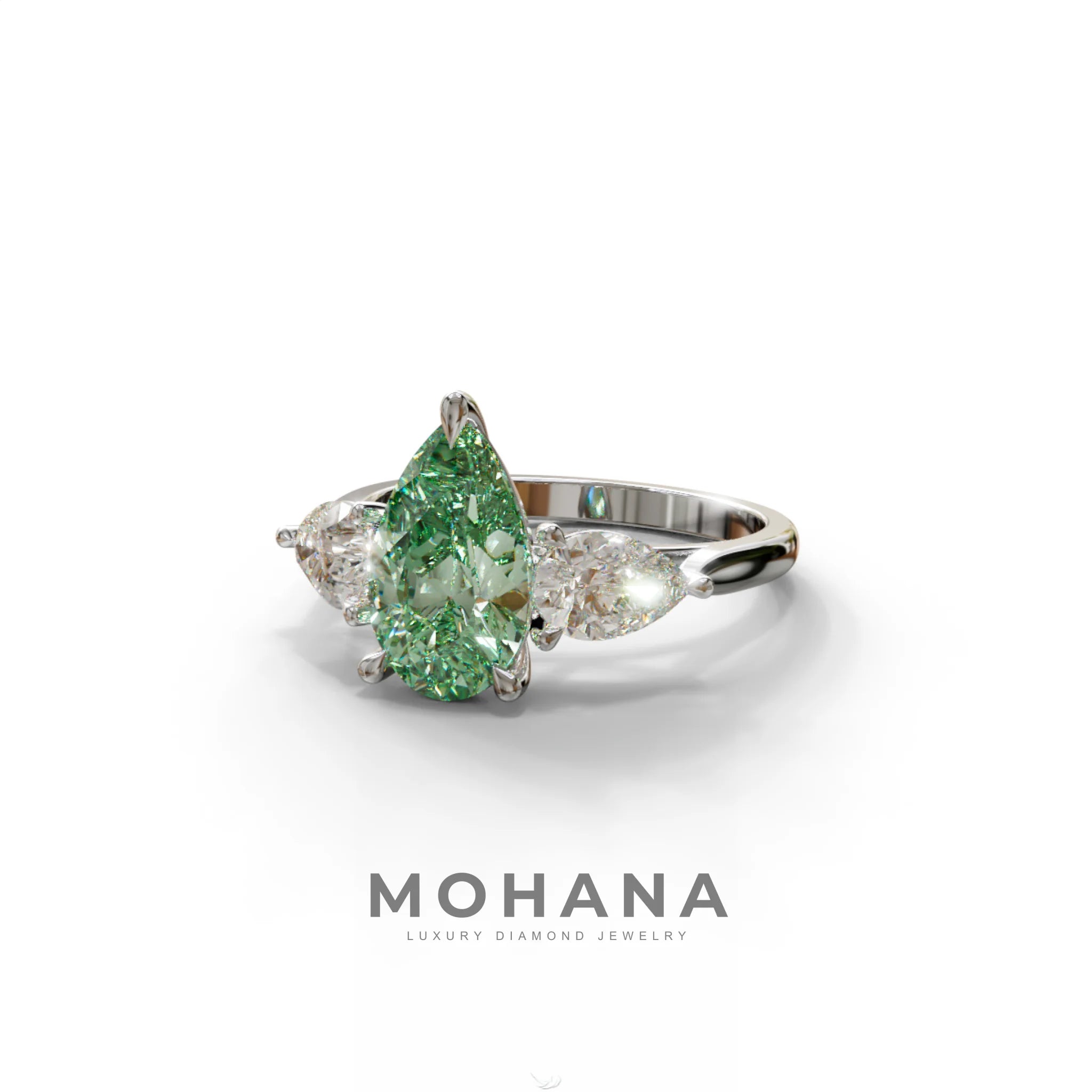 4 Carat Fancy Green Pear Cut Three Stone Lab Grown Diamond Engagement Ring