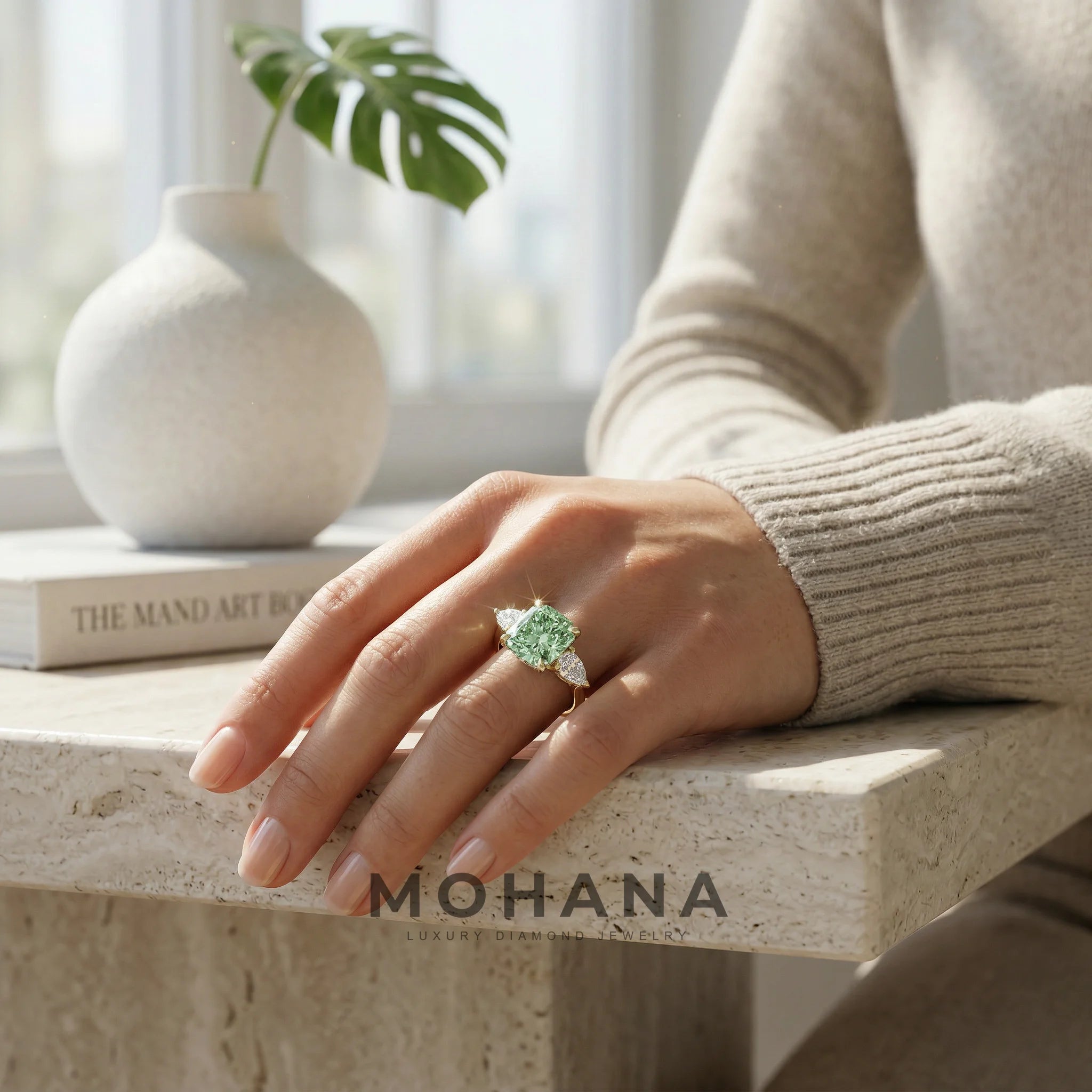 4 Carat Fancy Green Cushion & Pear Cut Three Stone Lab Grown Diamond Engagement Ring