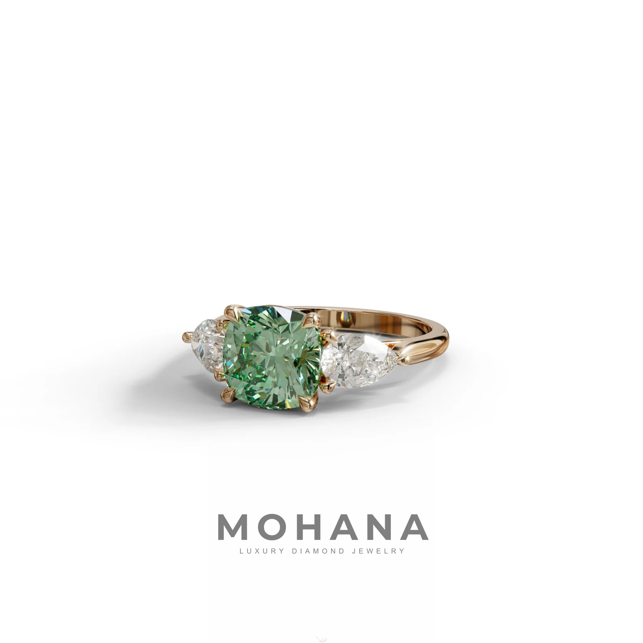 3 Ct Green Cushion Cut Lab Diamond In 3 Stones Claw Prongs Setting Ring