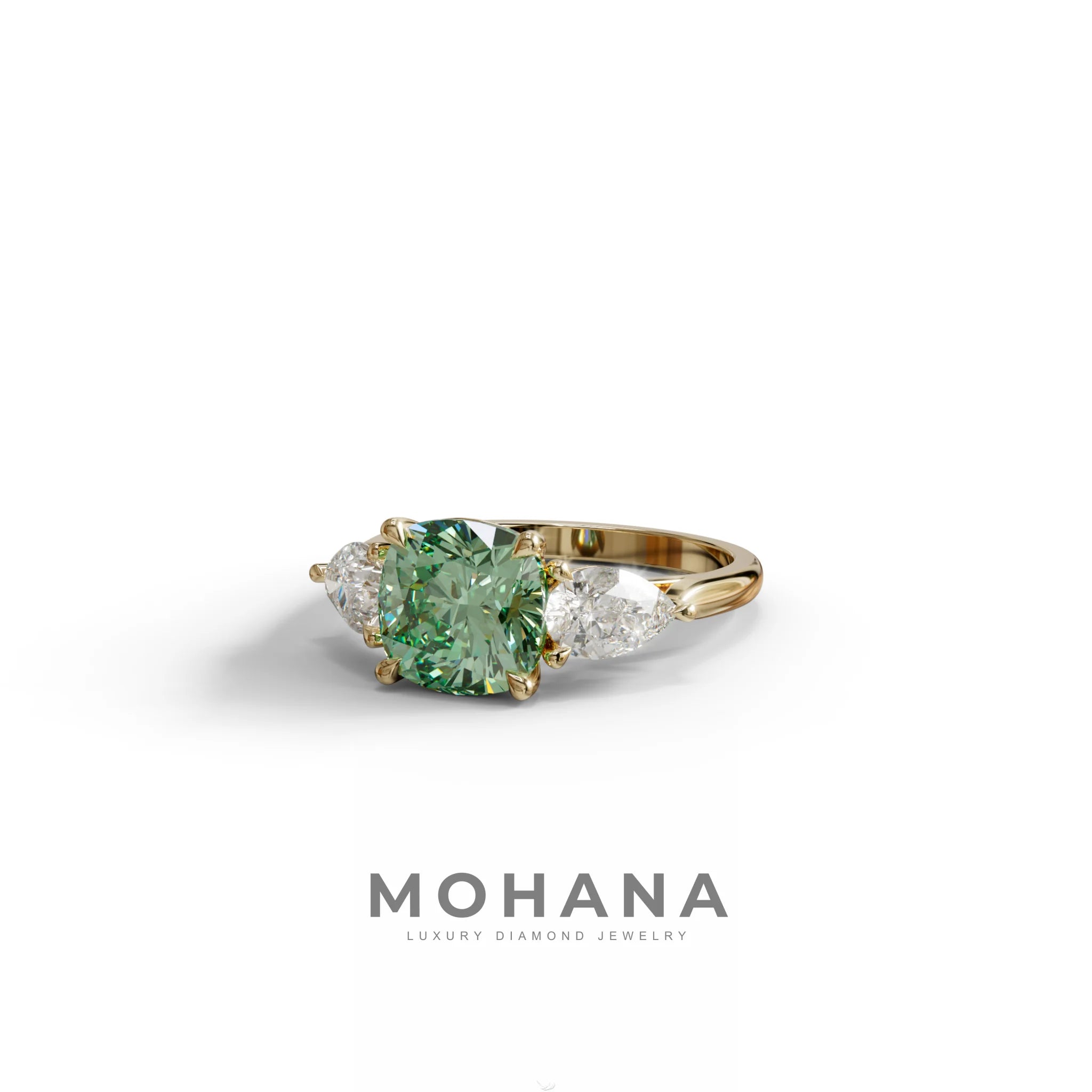 3 Ct Green Cushion Cut Lab Diamond In 3 Stones Claw Prongs Setting Ring