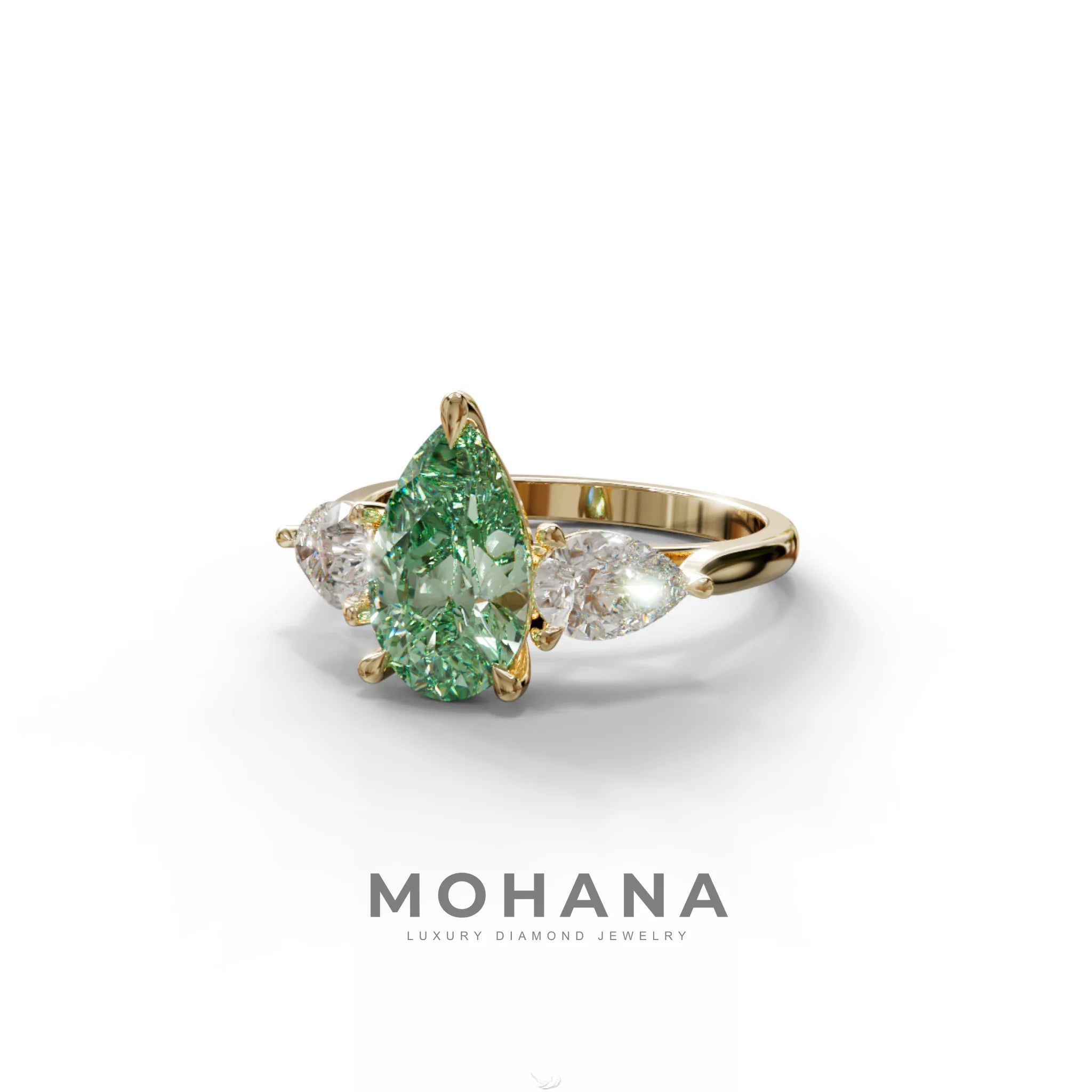4 Carat Fancy Green Pear Cut Three Stone Lab Grown Diamond Engagement Ring