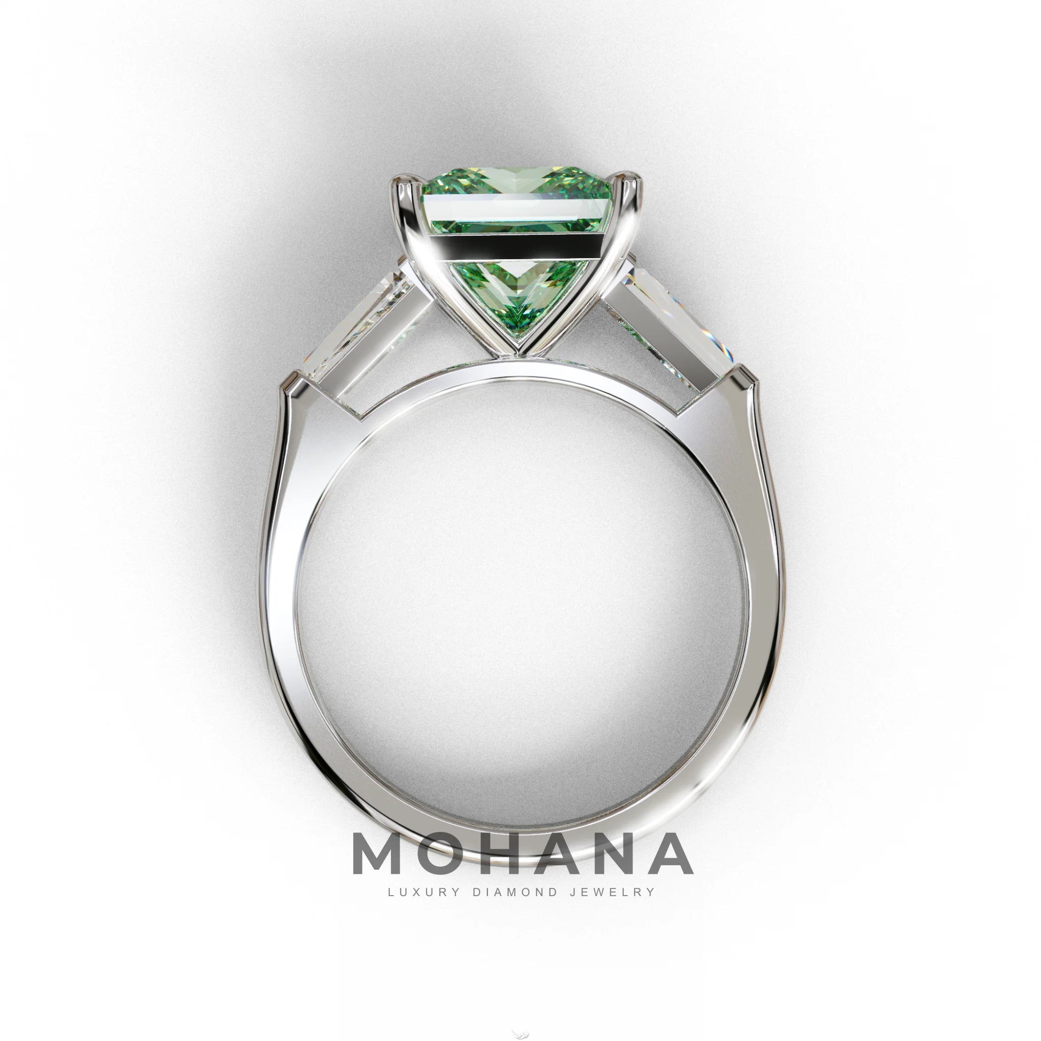 3 Carat Green Princess & Baguette Cut Lab Grown Diamond Ring - Alluring