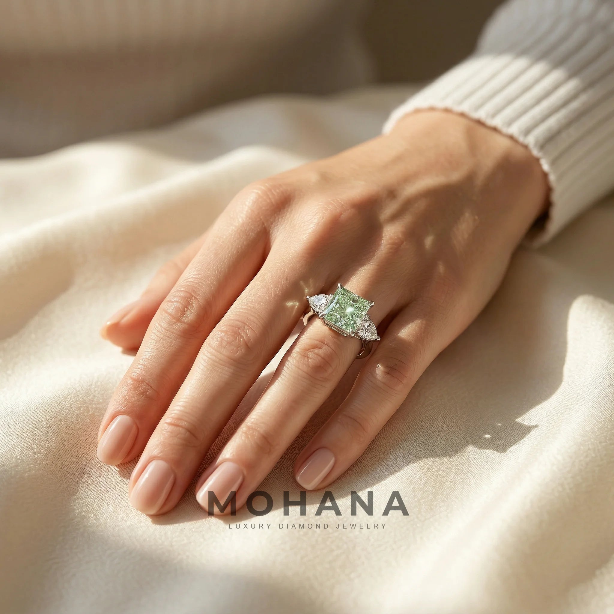 4 Carat Fancy Green Princess Cut Three Stone Lab Grown Diamond Engagement Ring