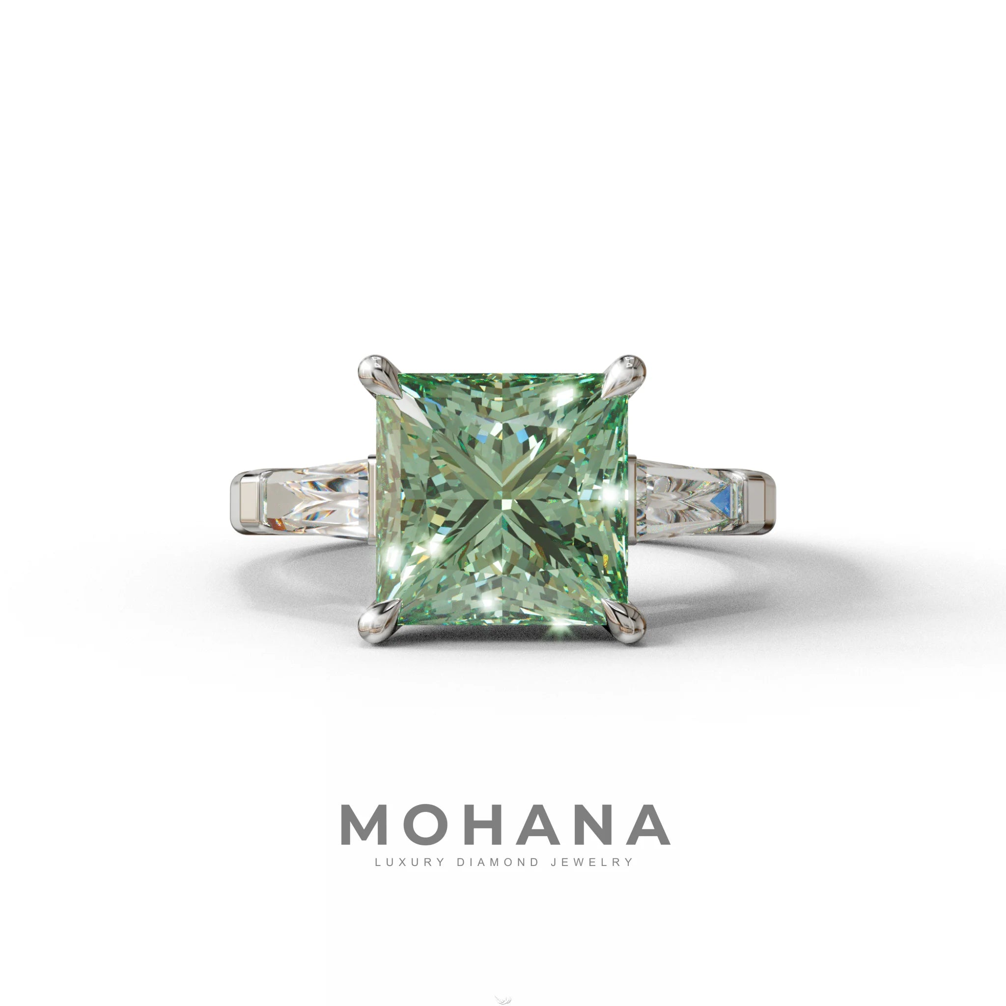 3 Carat Green Princess & Baguette Cut Lab Grown Diamond Ring - Alluring - 10K Solid Gold / White Gold