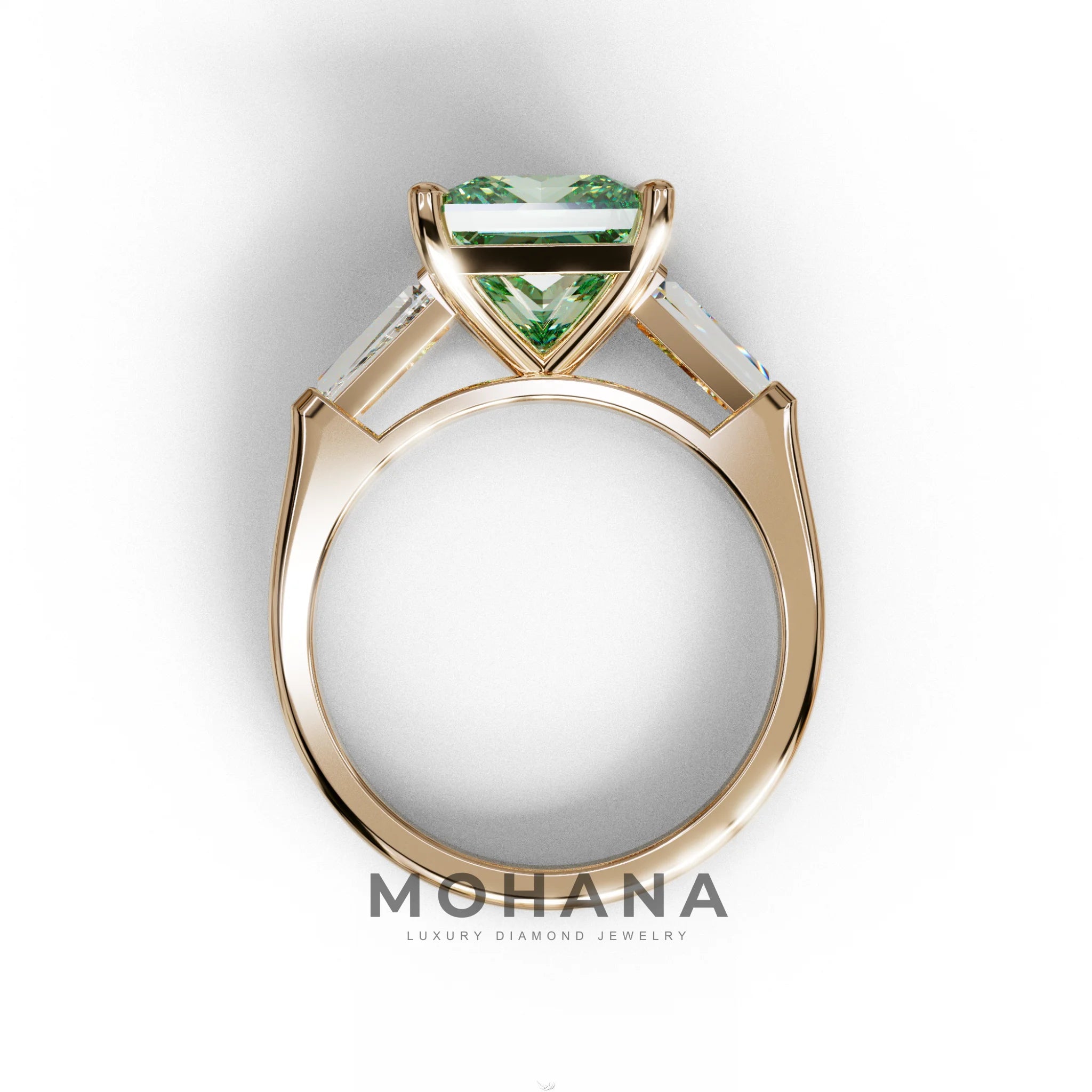 3 Carat Green Princess & Baguette Cut Lab Grown Diamond Ring - Alluring