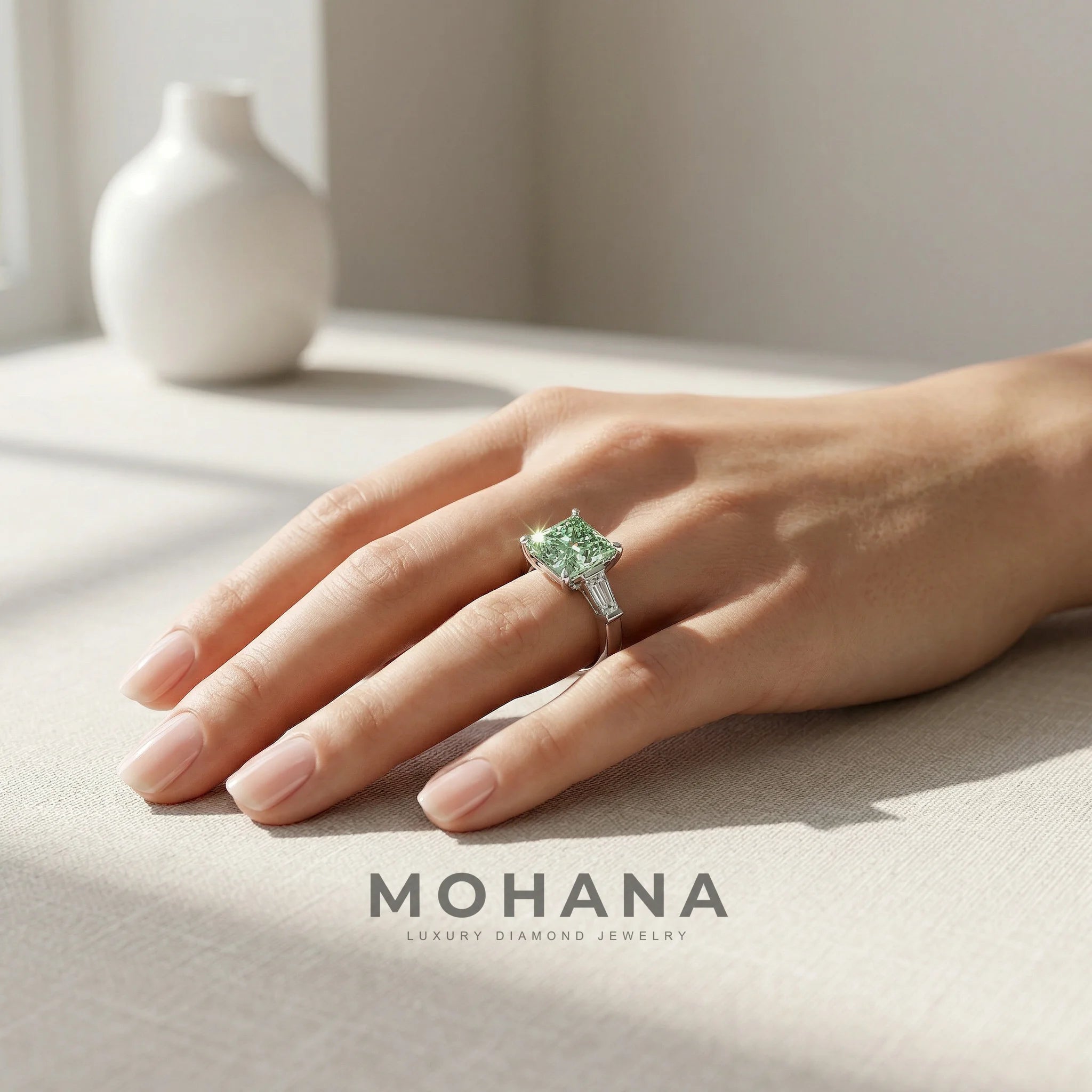 4ct Vivid Green Princess & Tapered Baguette Three Stone Lab Diamond Ring - Alluring