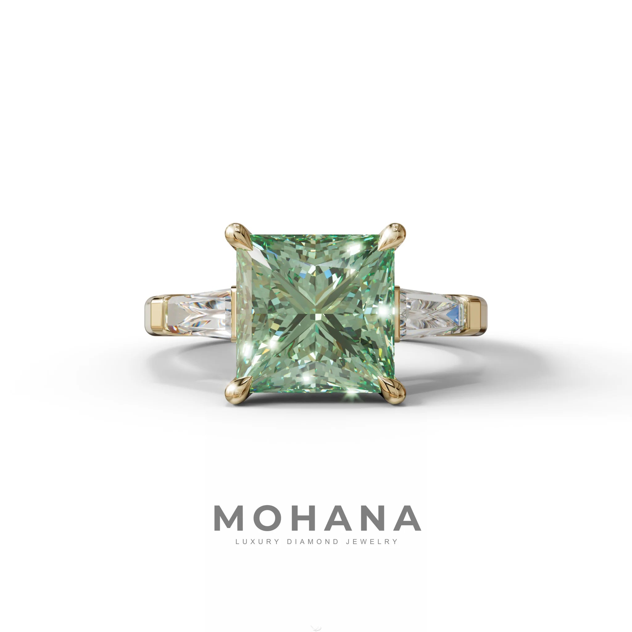 3 Carat Green Princess & Baguette Cut Lab Grown Diamond Ring - Alluring - 10K Solid Gold / Yellow Gold