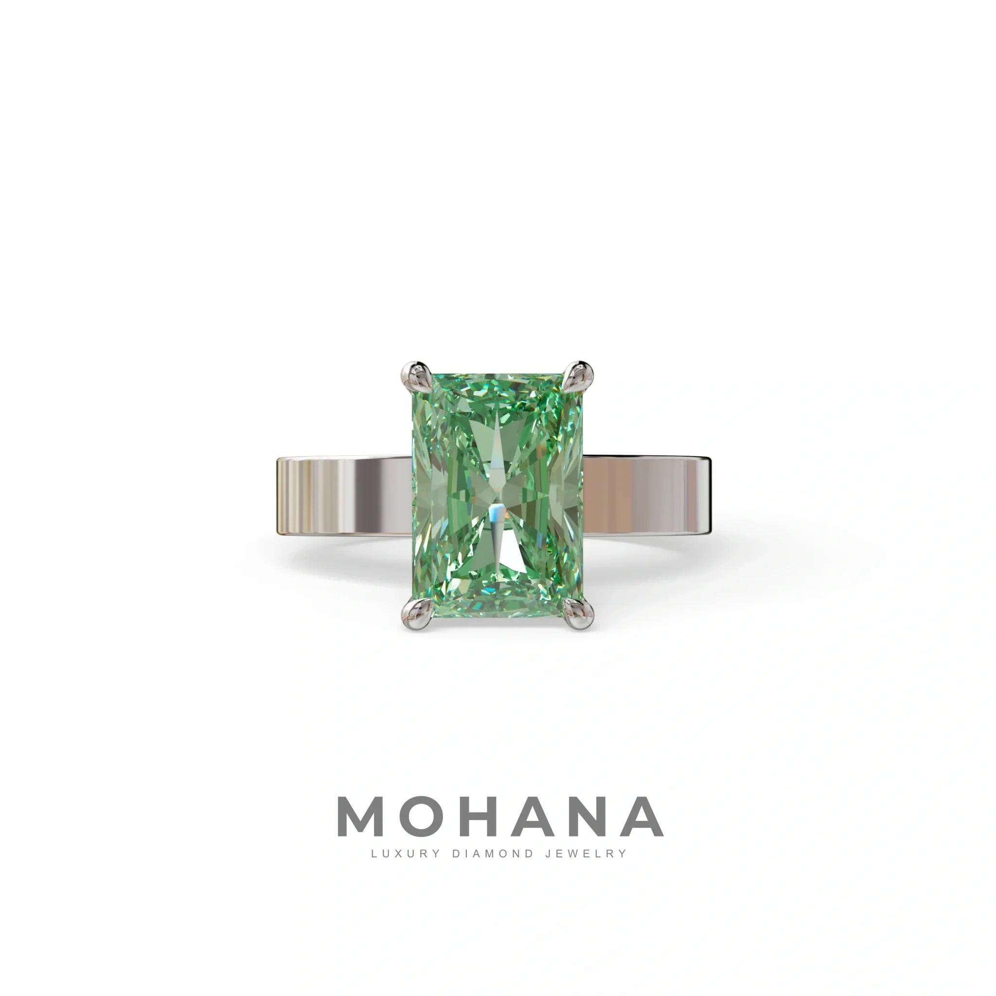 4Ct Green Radiant Cut Lab Grown Diamond Solitaire Engagement Ring - Crownfire - 10K Solid Gold / White Gold
