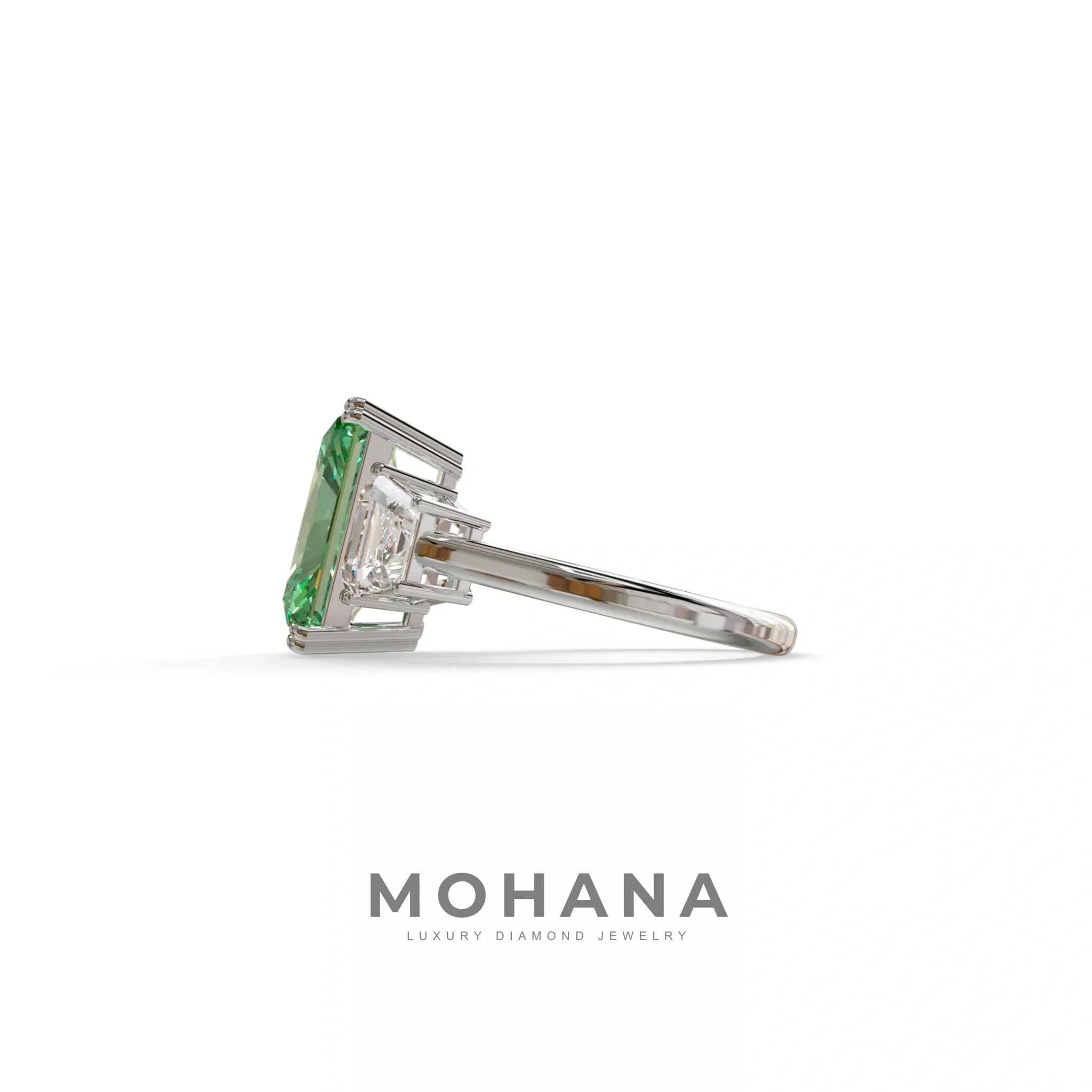 4 Carat Green Lab Grown Diamond Engagement Ring – Radiant Cut Three Stone | Taco