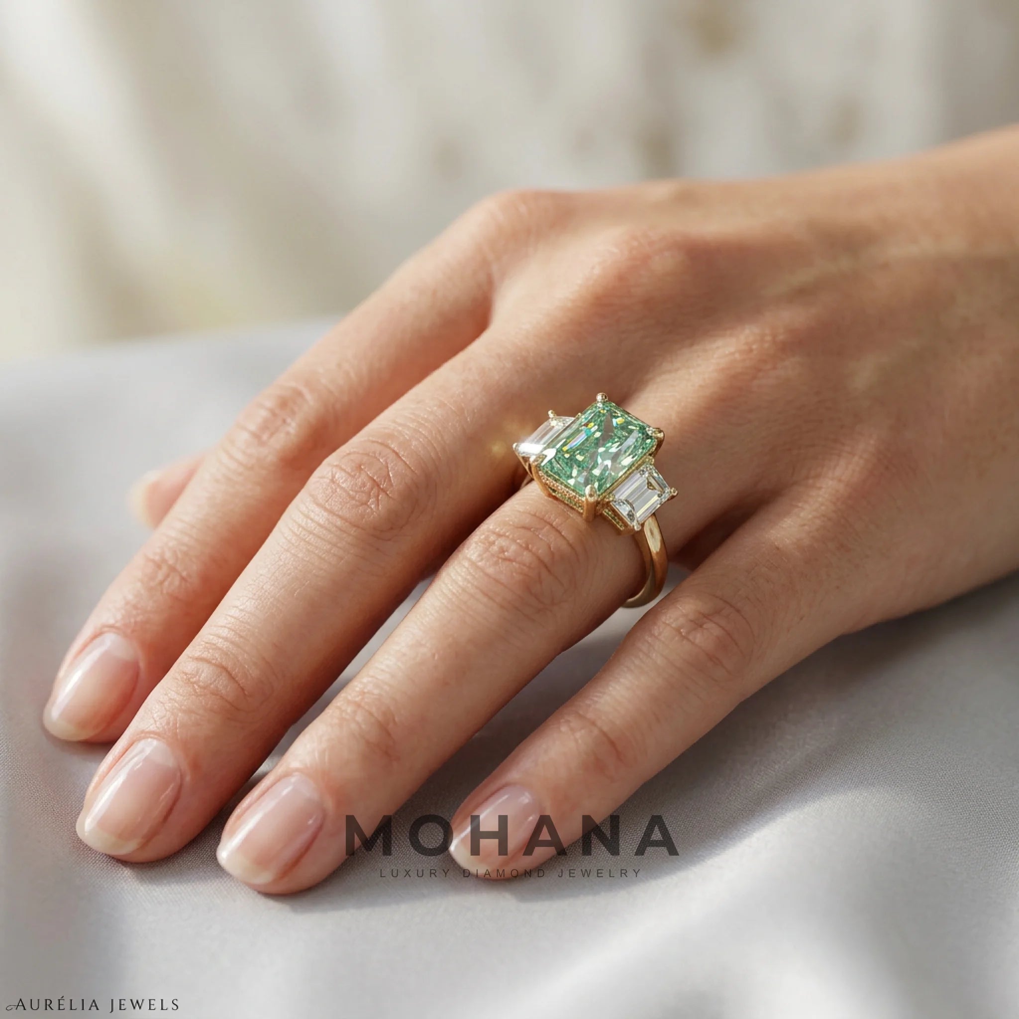 4 Carat Green Radiant Lab Grown Diamond Engagement Ring Three Stone Trapezoid Cut