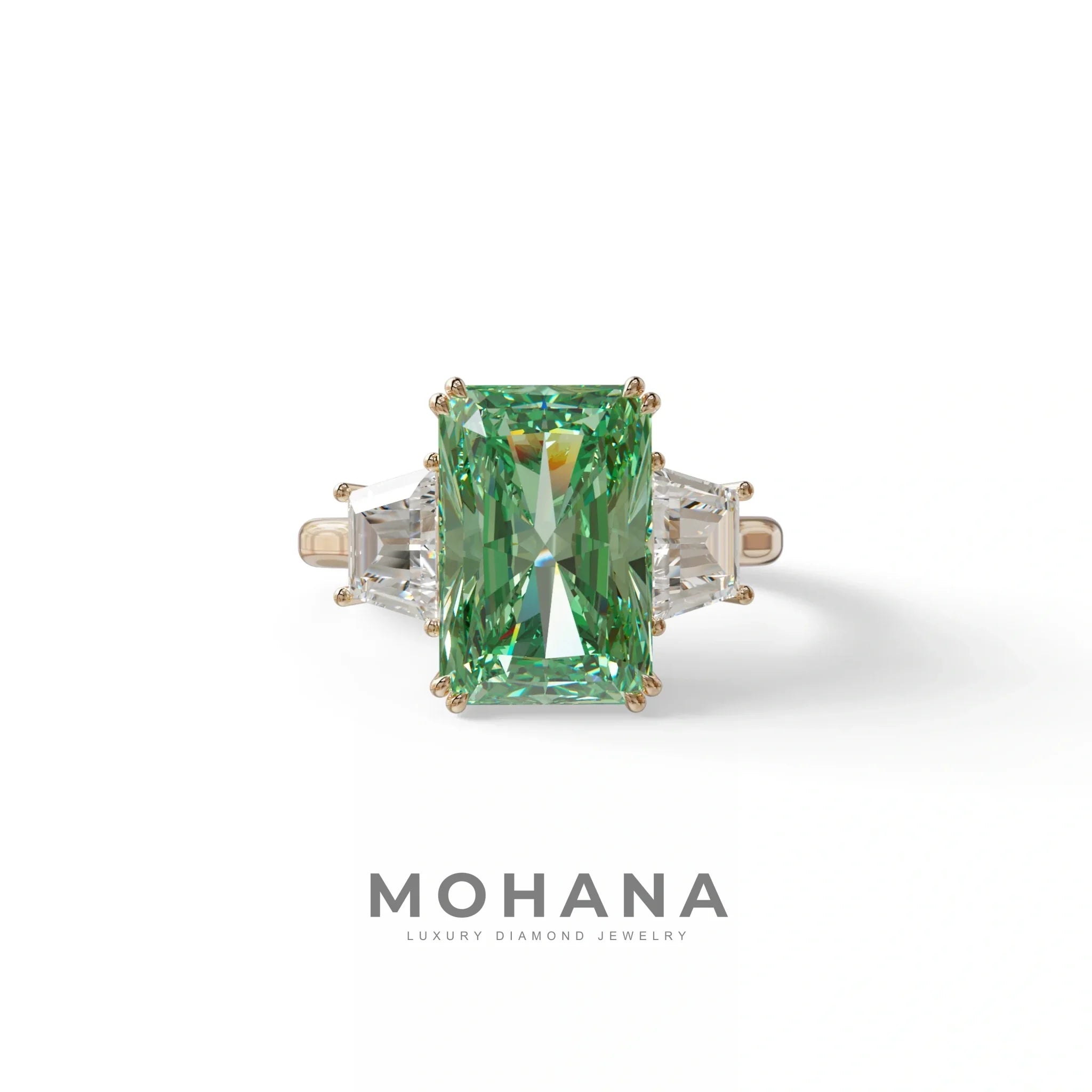 4 Carat Green Lab Grown Diamond Engagement Ring – Radiant Cut Three Stone | Taco
