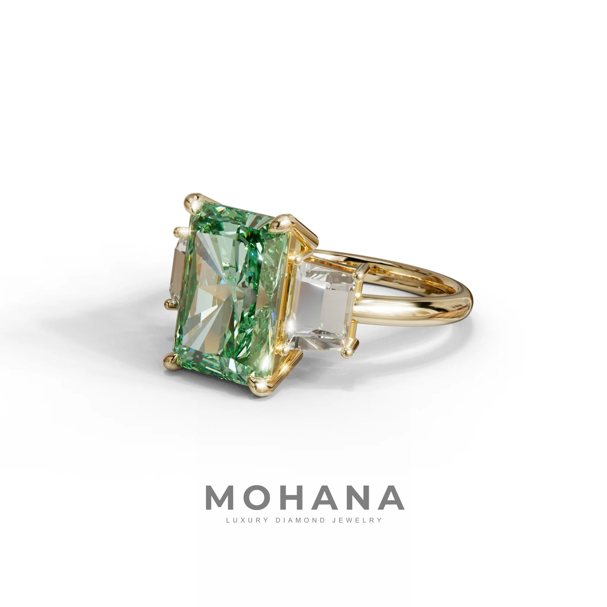 4 Carat Green Radiant & Trapezoid Three Stone Engagement Ring - Embrace