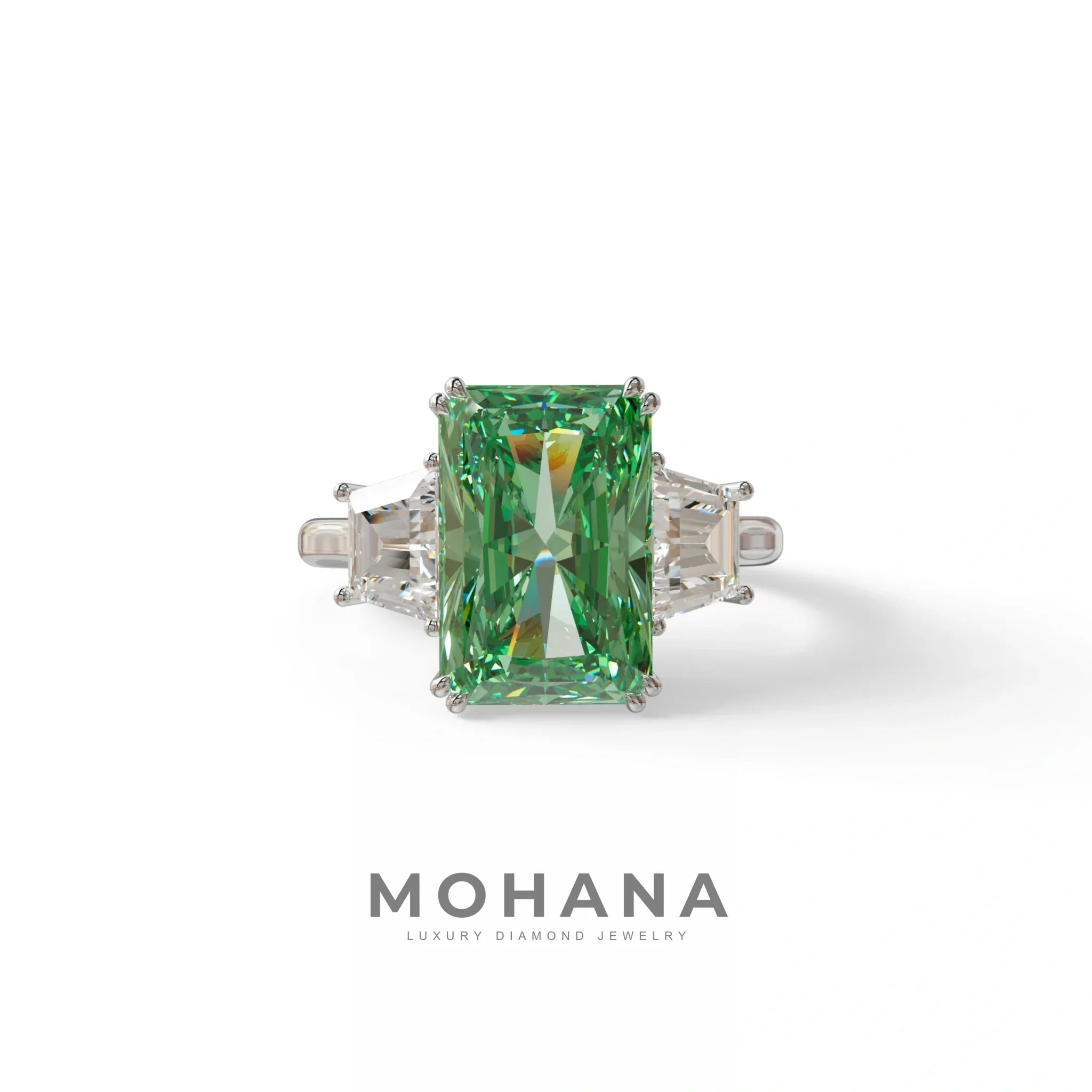 4 Carat Green Lab Grown Diamond Engagement Ring – Radiant Cut Three Stone | Taco