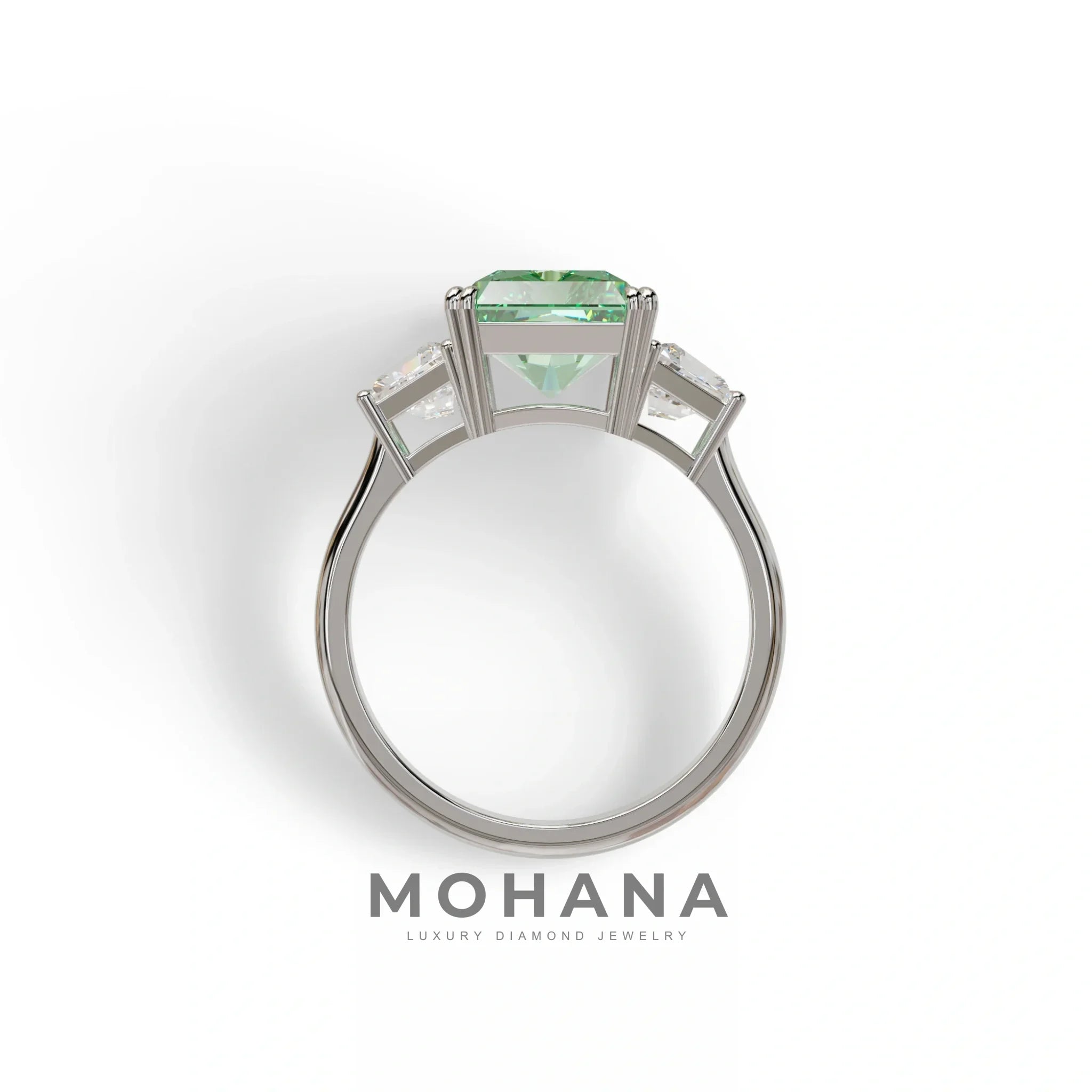 4 Carat Green Lab Grown Diamond Engagement Ring – Radiant Cut Three Stone | Taco