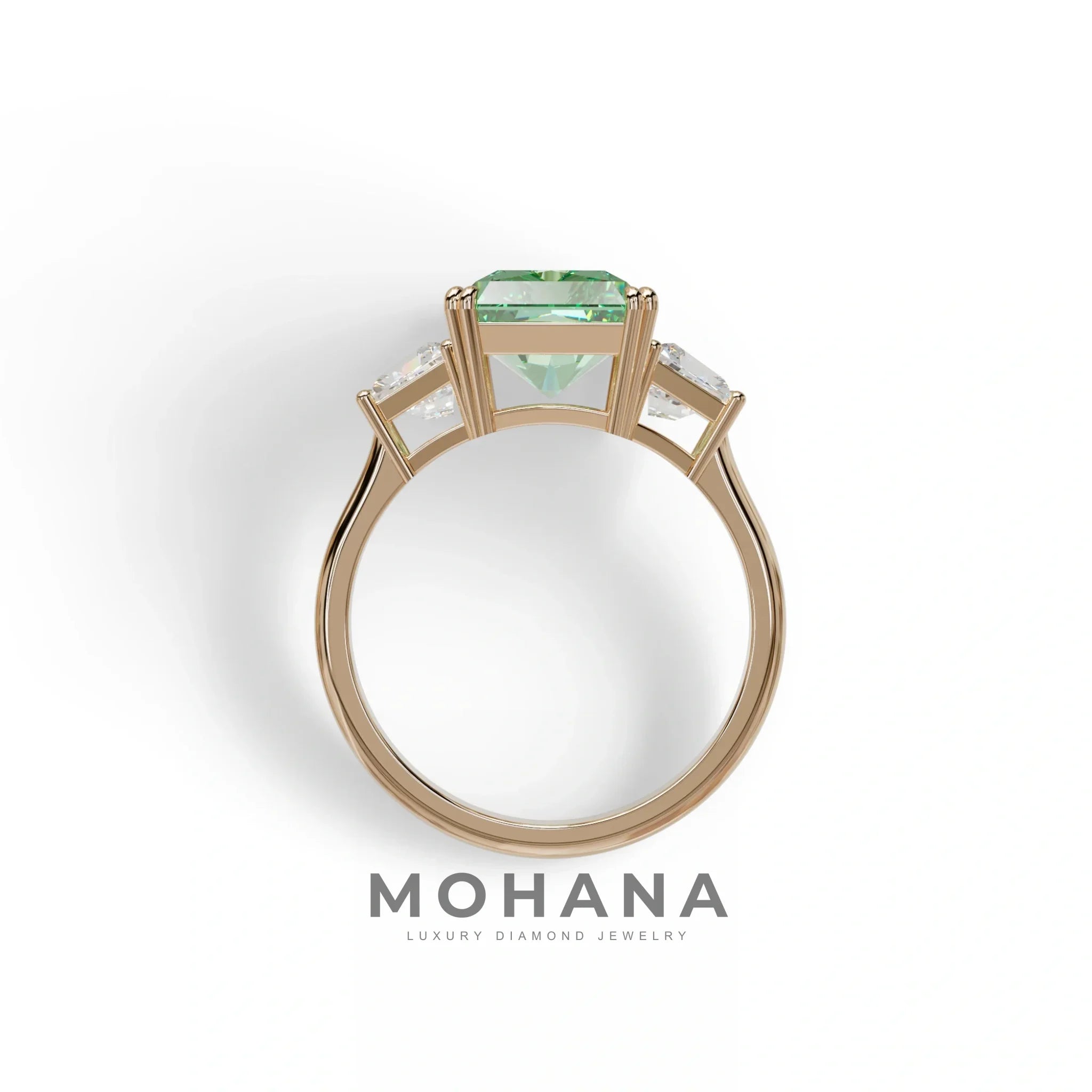 4 Carat Green Lab Grown Diamond Engagement Ring – Radiant Cut Three Stone | Taco