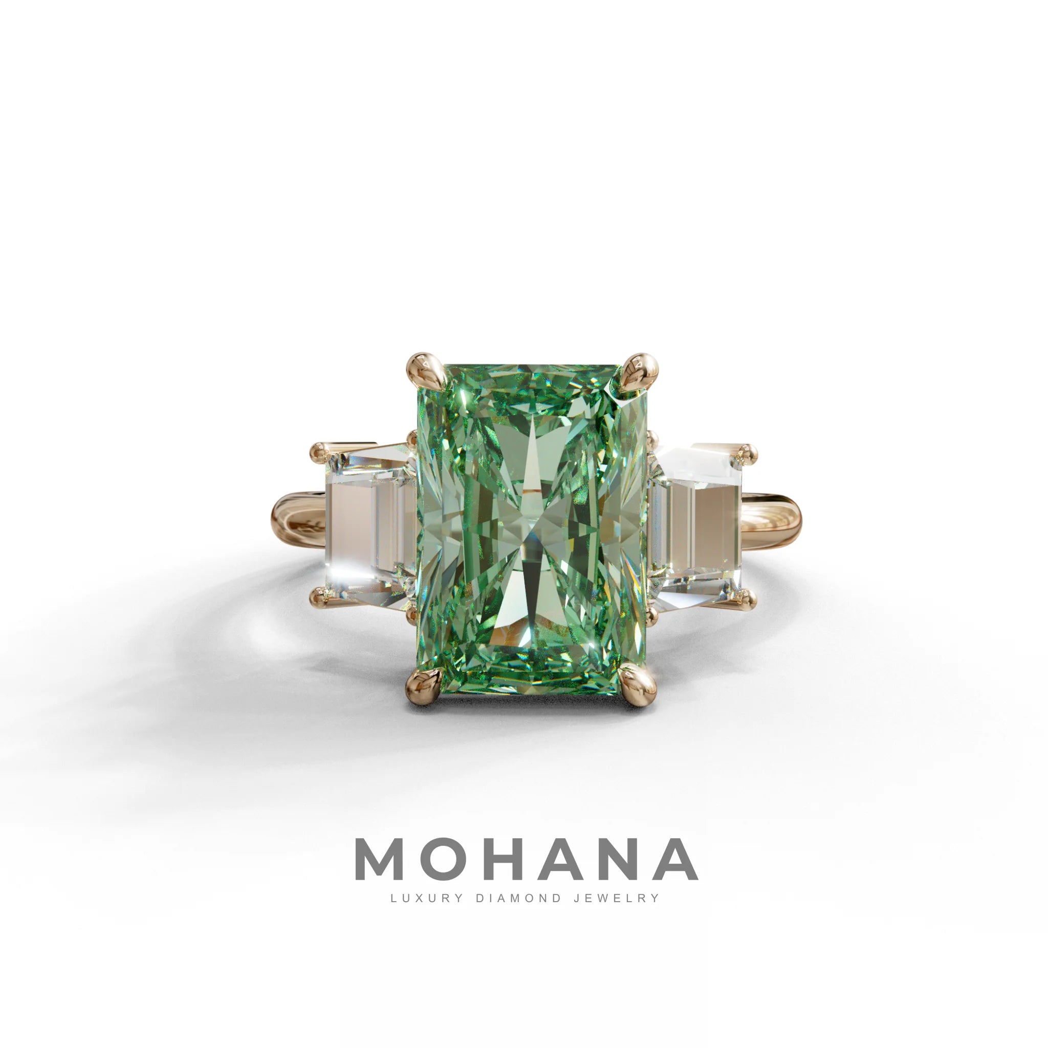 4 Carat Green Radiant & Trapezoid Three Stone Engagement Ring - Embrace - 10K Solid Gold / Rose Gold